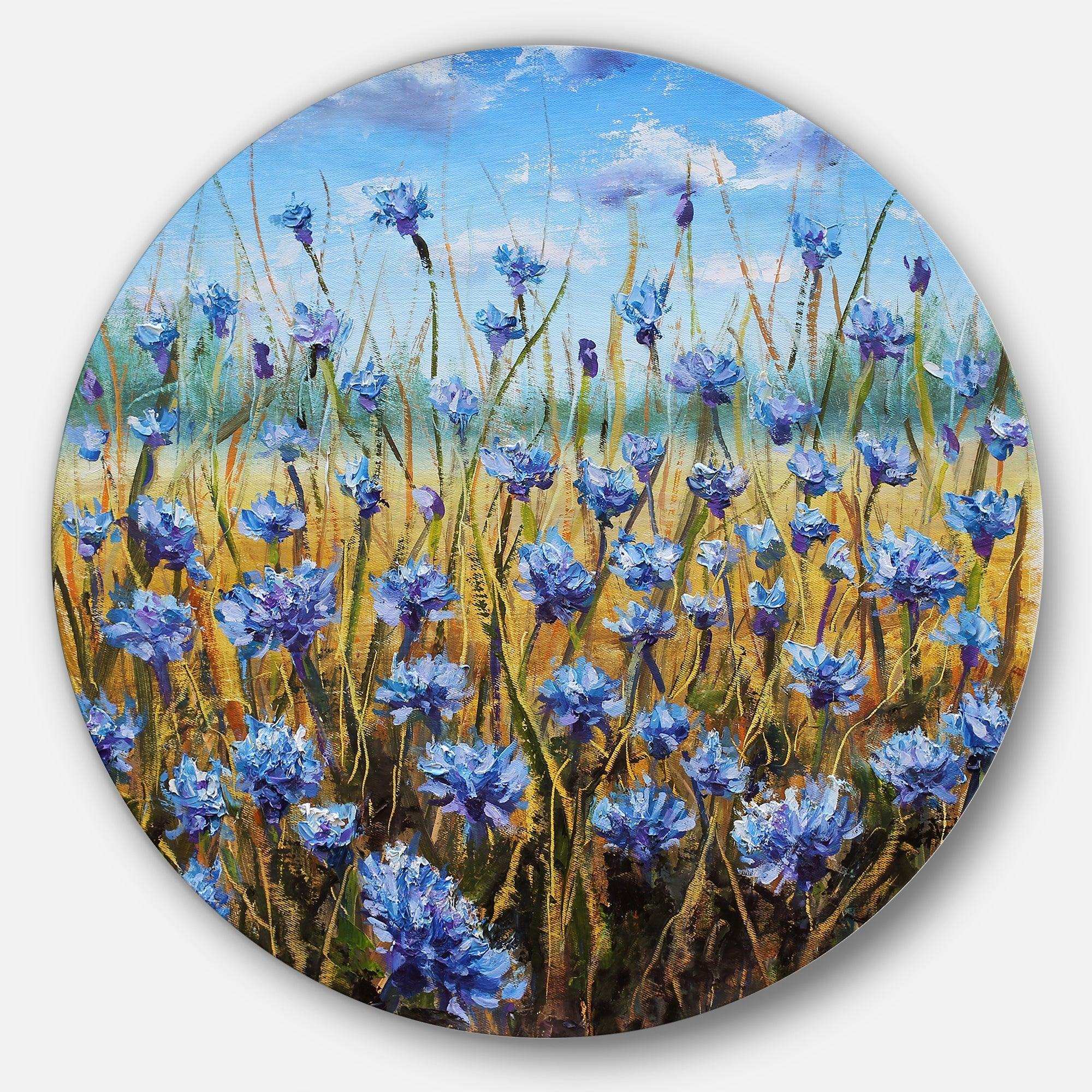 Blue Flowers in Meadow - Floral Round Metal Wall Art