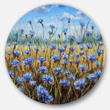 Blue Flowers in Meadow - Floral Round Metal Wall Art