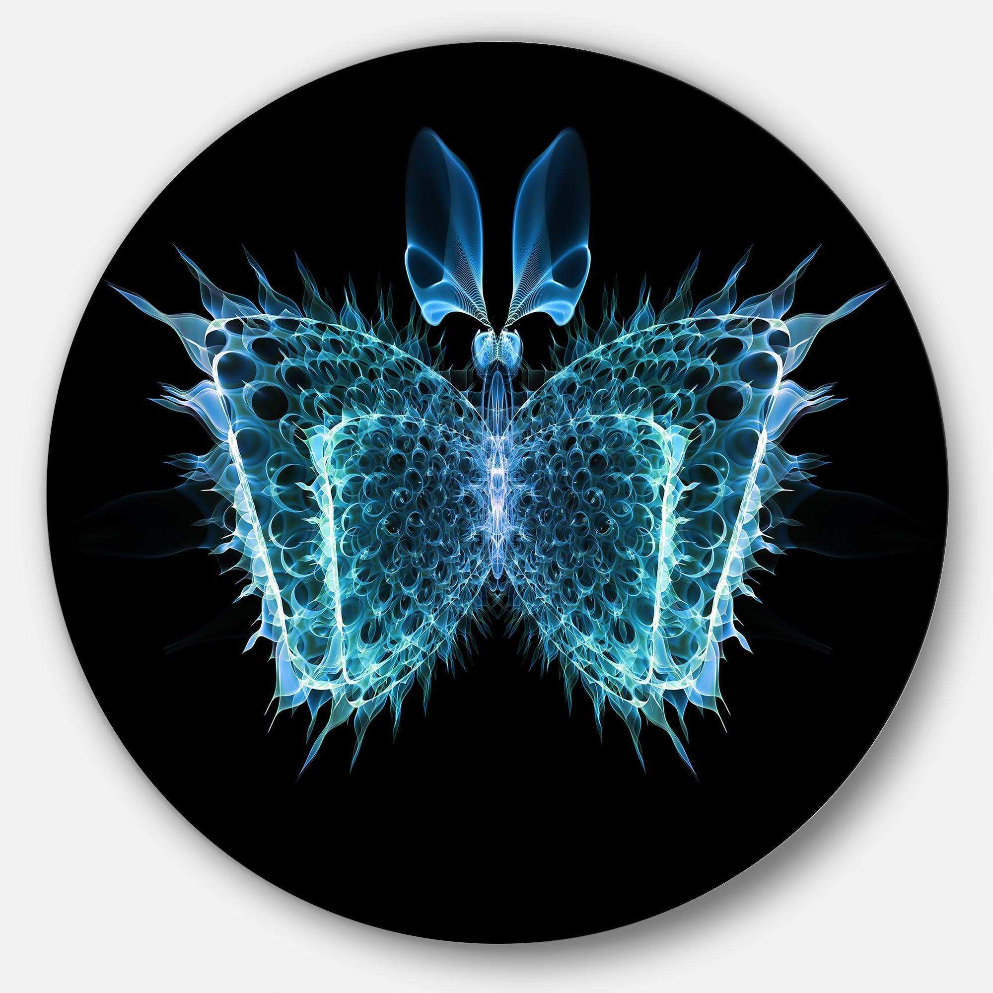 Blue Fractal Butterfly in Dark - Floral Metal Circle Wall Art