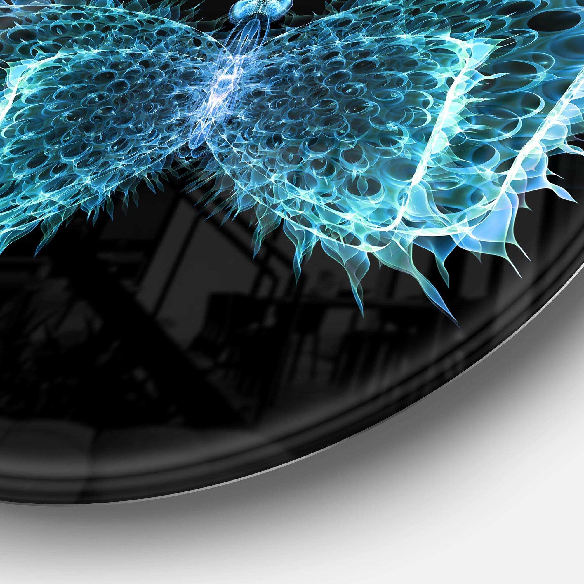 Blue Fractal Butterfly in Dark - Floral Metal Circle Wall Art