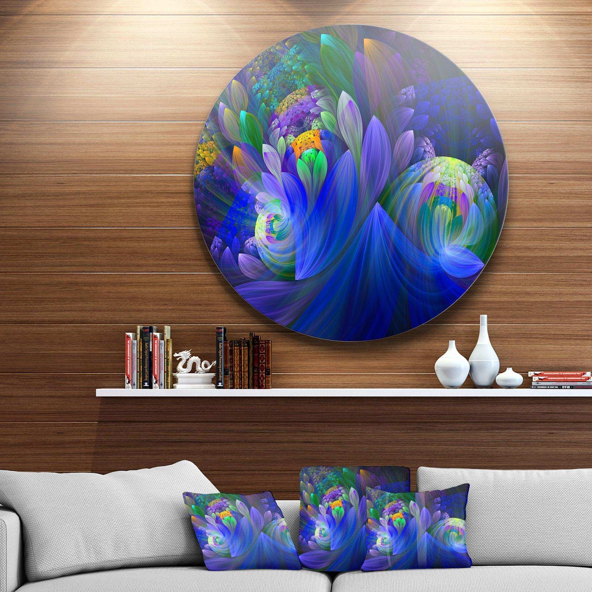 Blue Fractal Flower Bouquet - Floral Large Metal Circle Wall Art