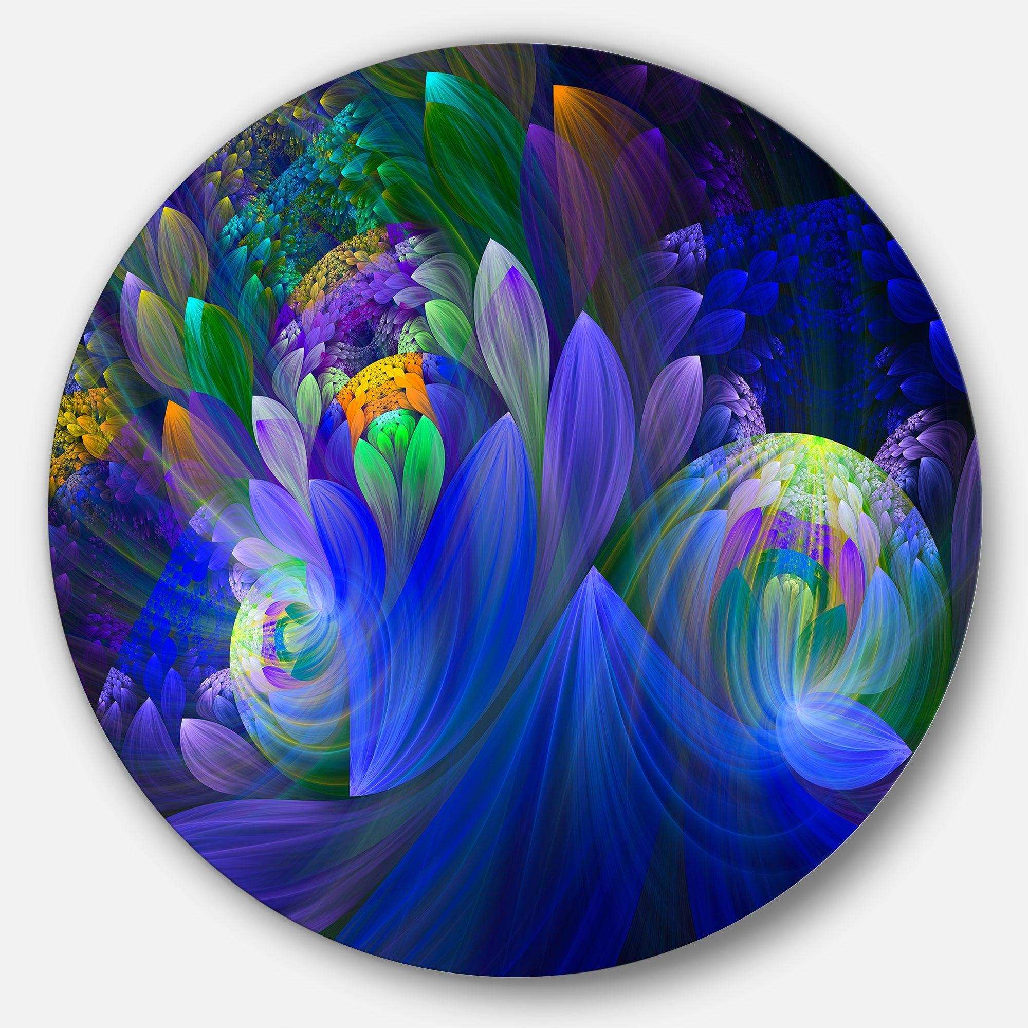 Blue Fractal Flower Bouquet - Floral Large Metal Circle Wall Art