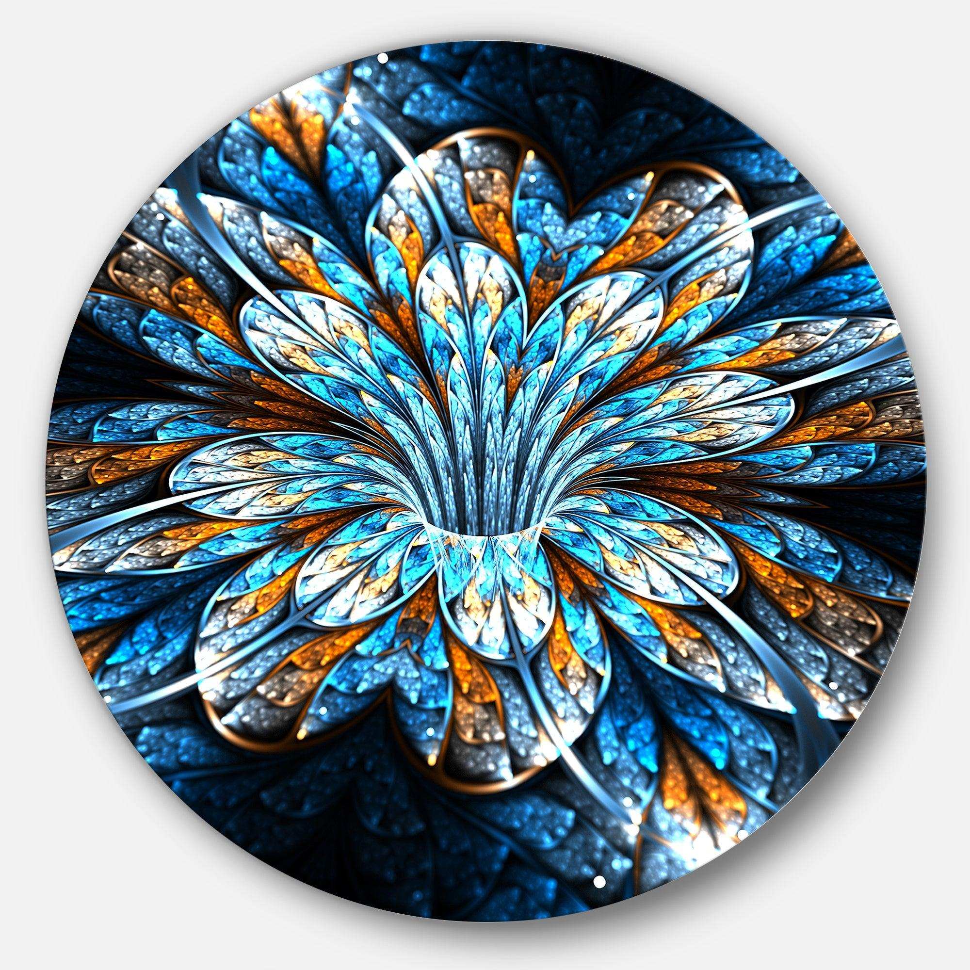 Turquoise Fractal Flower in Dark - Floral Metal Circle Wall Art