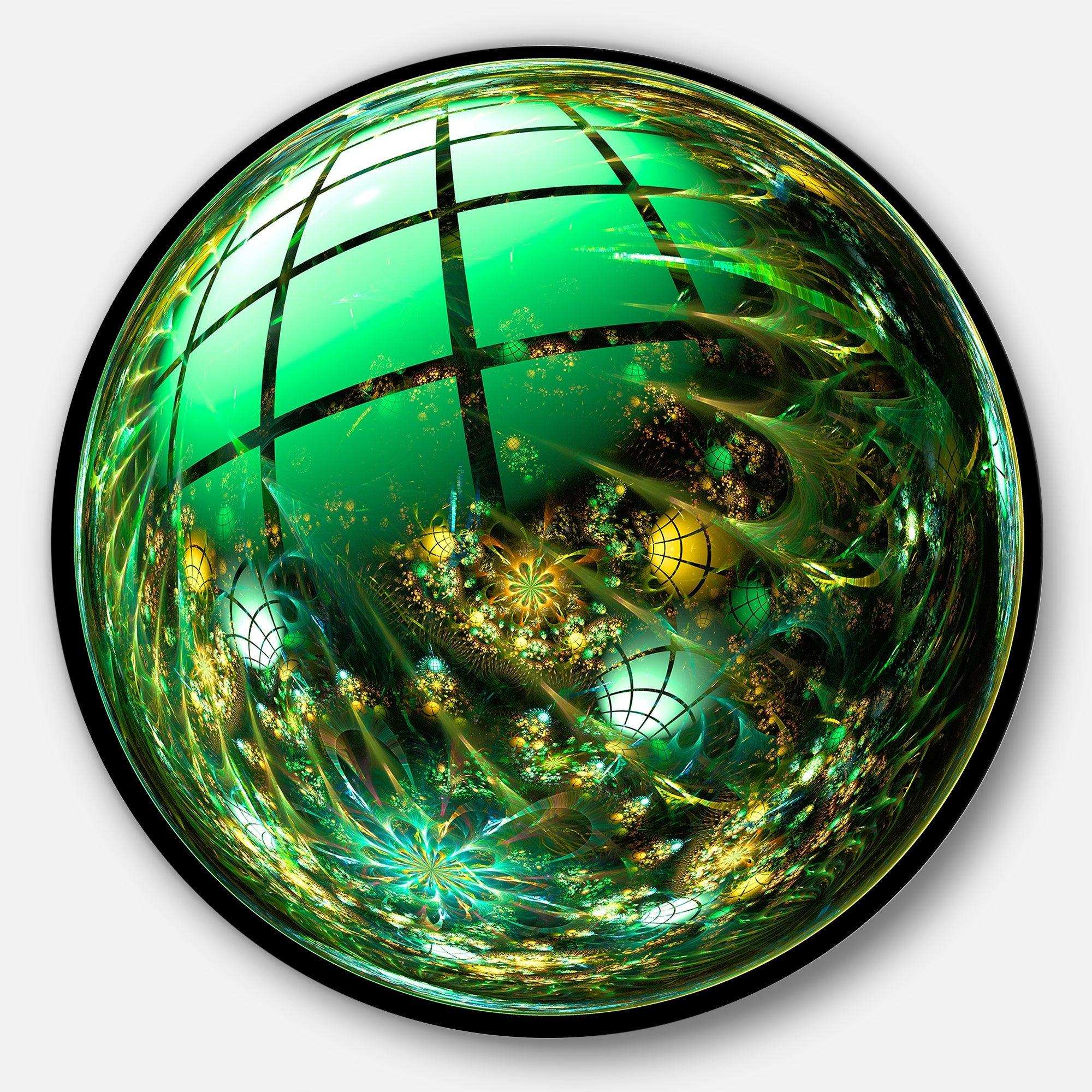 Bright Green Fractal Sphere - Abstract Round Metal Wall Art