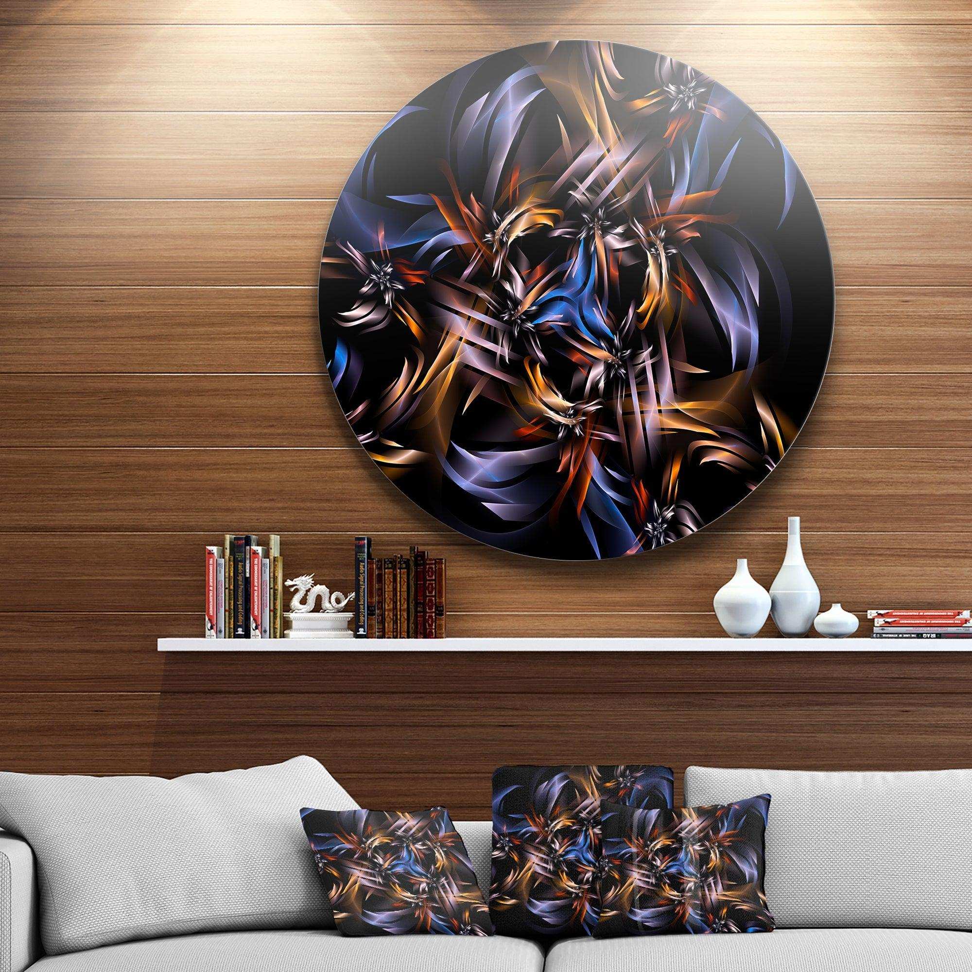 Blue Fractal Light Art in Dark - Abstract Metal Circle Wall Art