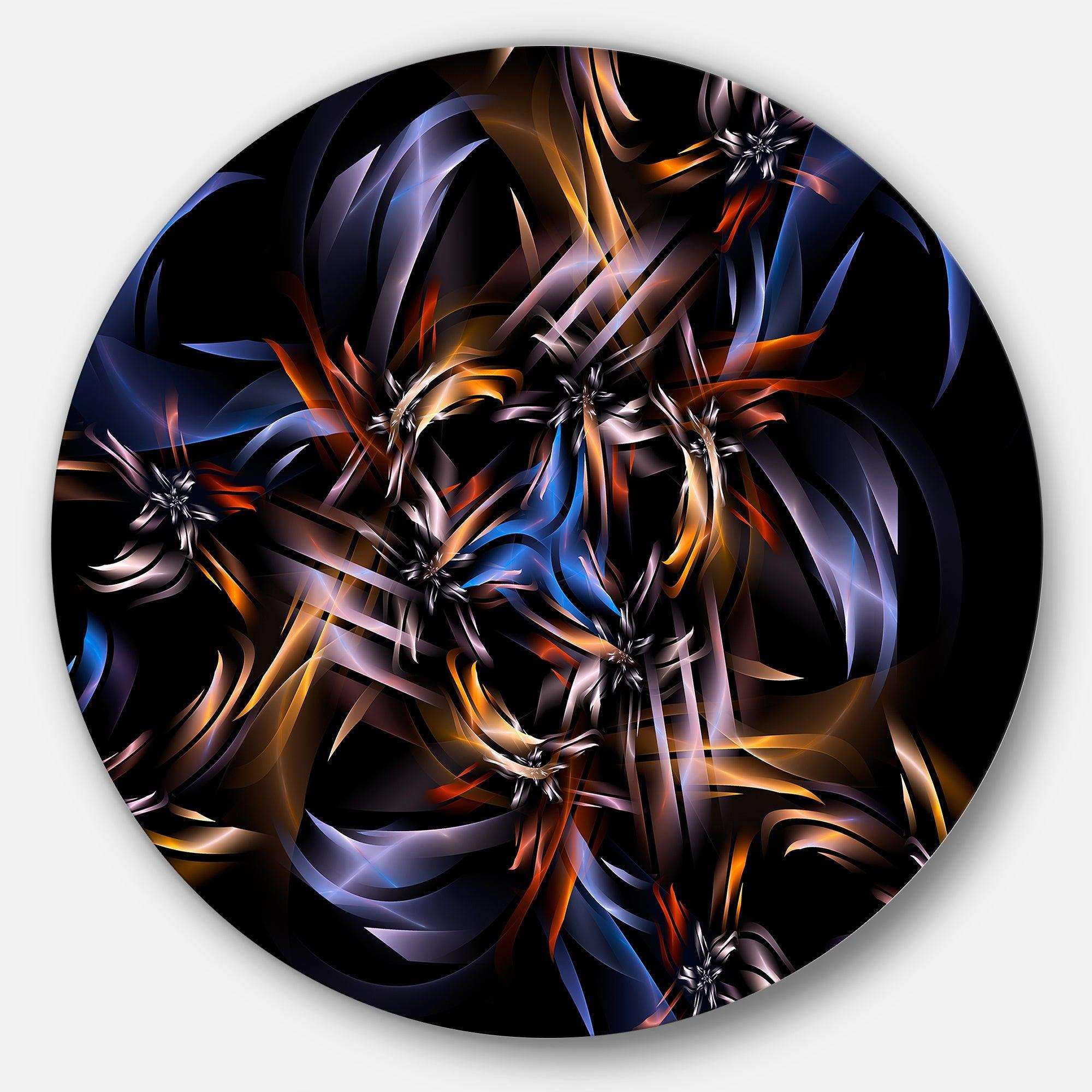 Blue Fractal Light Art in Dark - Abstract Metal Circle Wall Art
