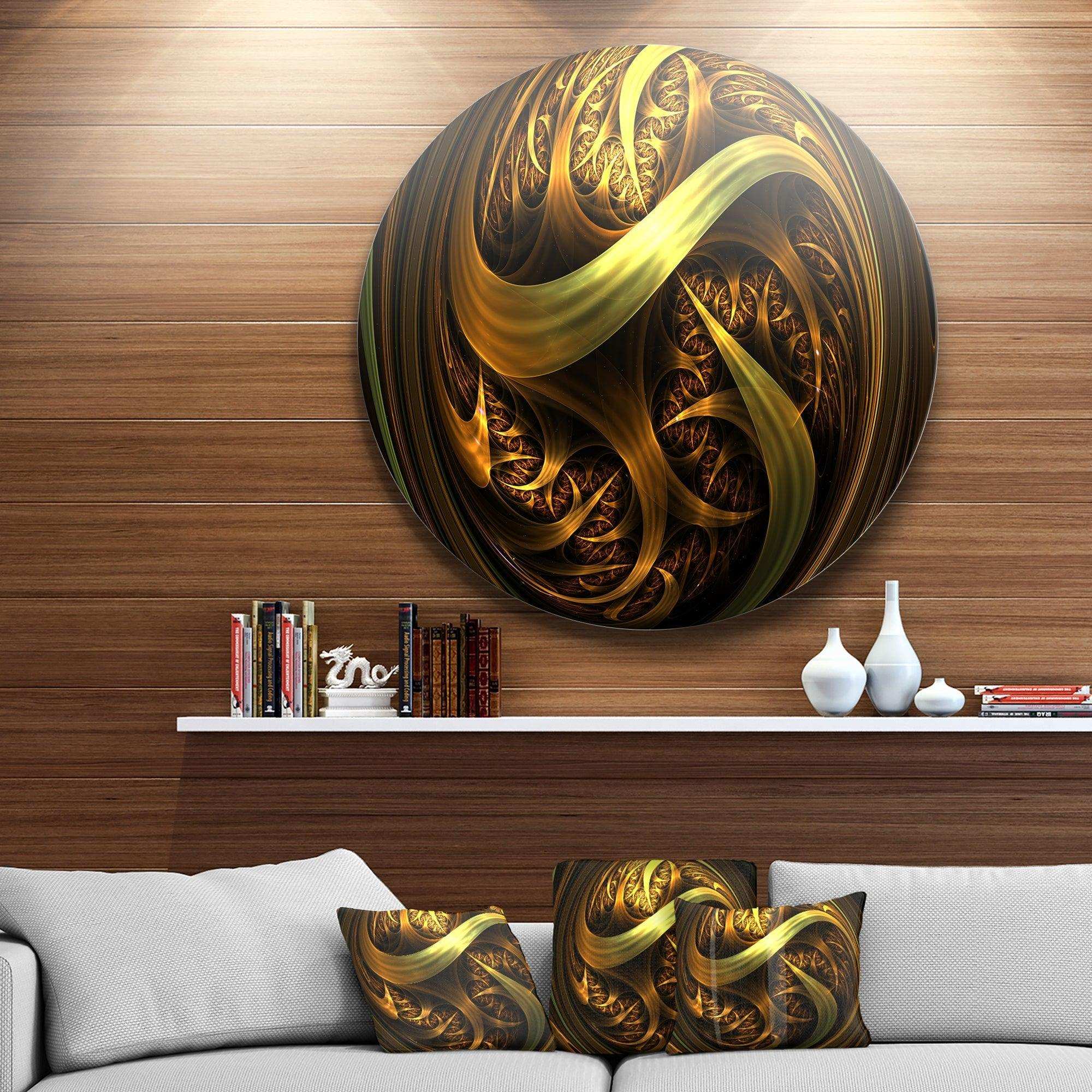 Golden Fractal Sphere in Dark - Abstract Round Metal Wall Art