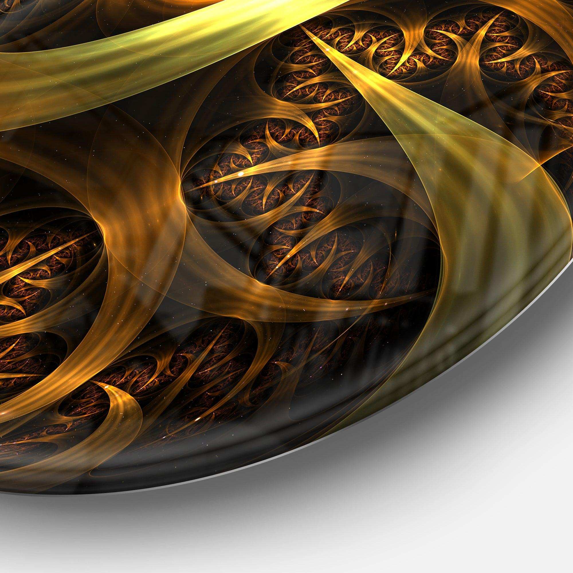 Golden Fractal Sphere in Dark - Abstract Round Metal Wall Art