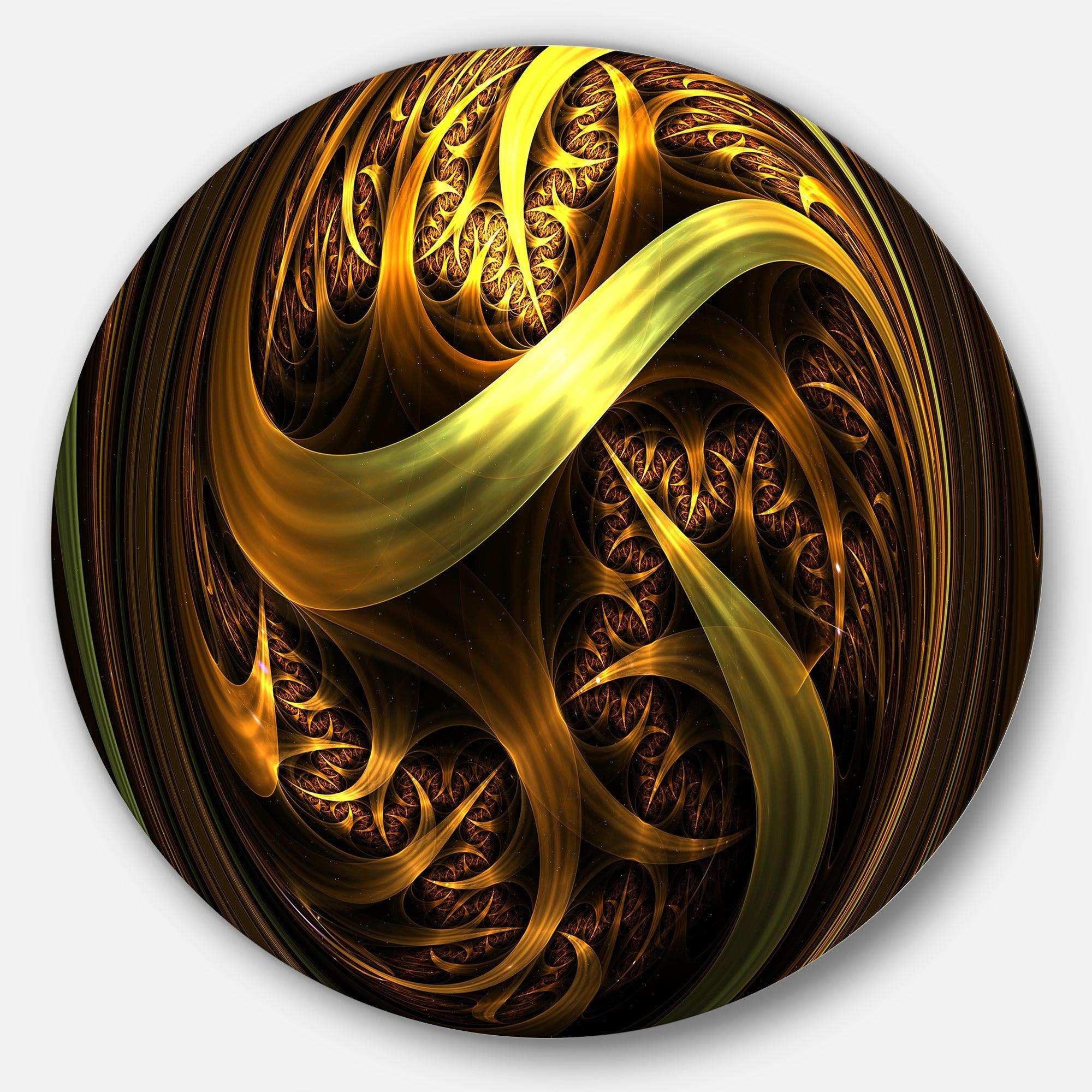 Golden Fractal Sphere in Dark - Abstract Round Metal Wall Art