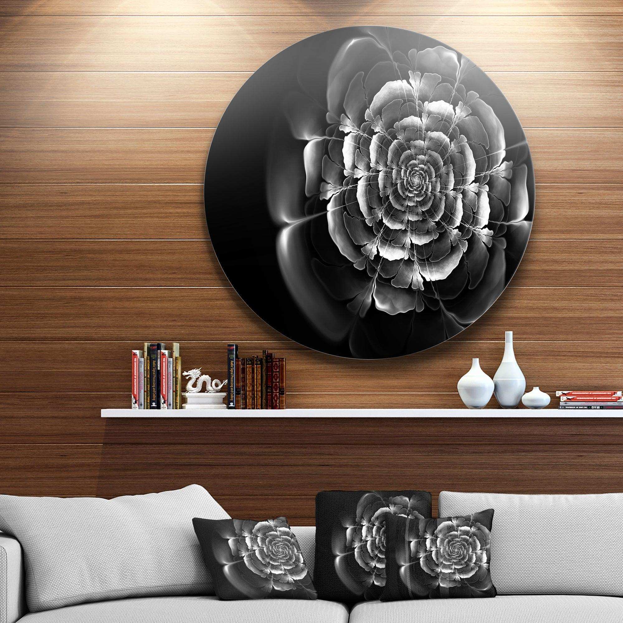 Fractal Silver Rose in Dark - Floral Round Metal Wall Art