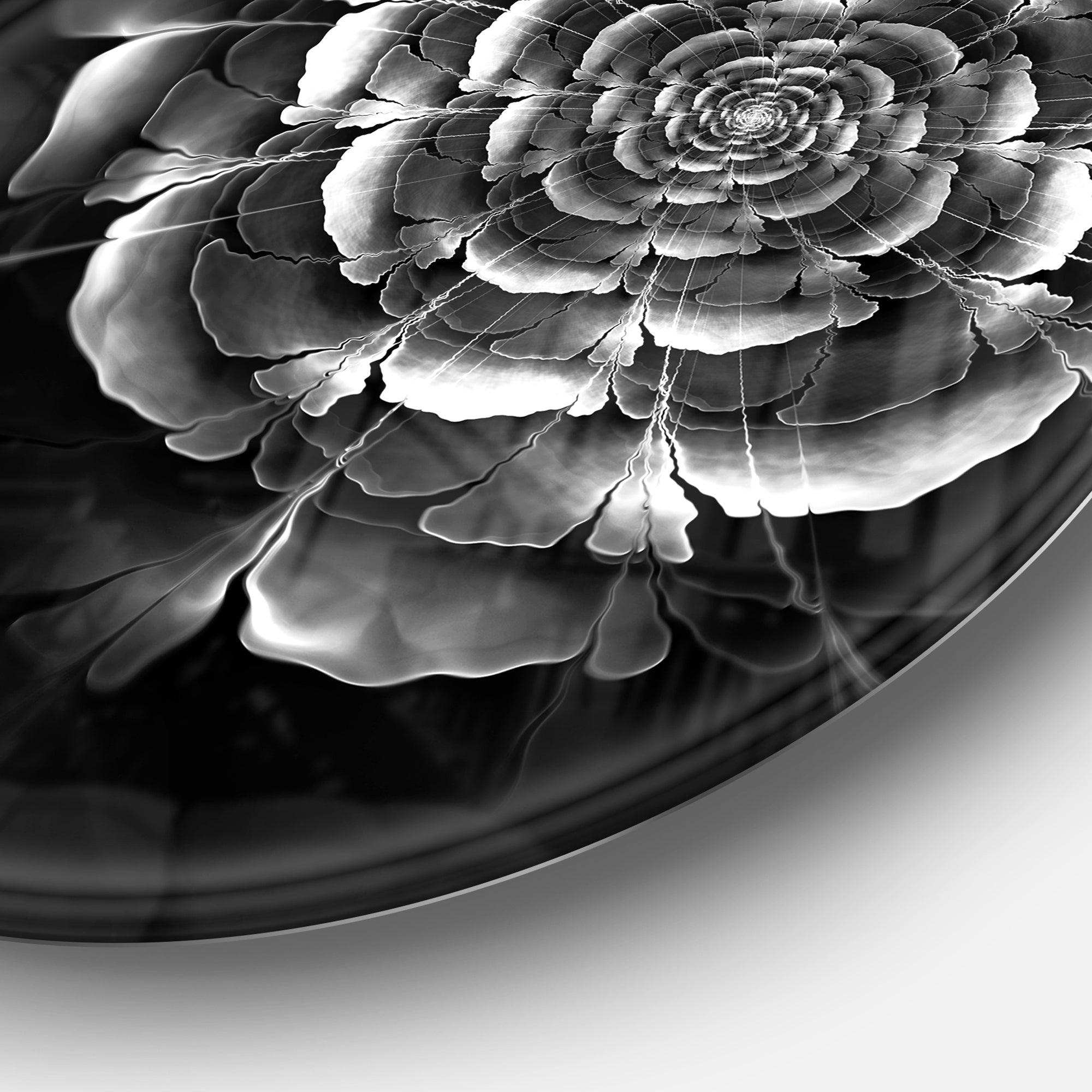 Fractal Silver Rose in Dark - Floral Round Metal Wall Art