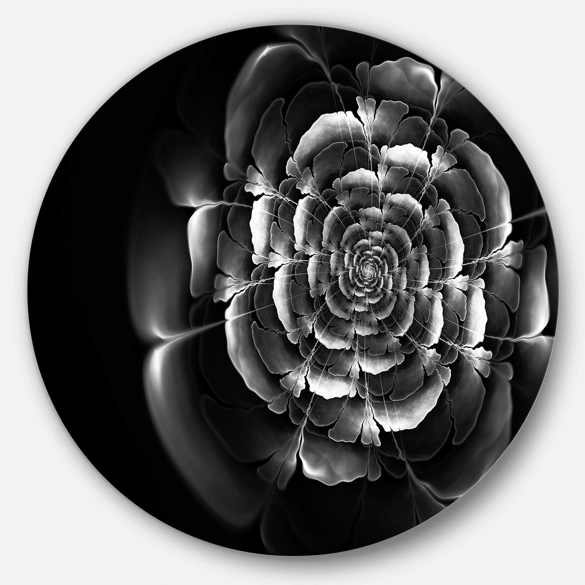 Fractal Silver Rose in Dark - Floral Round Metal Wall Art