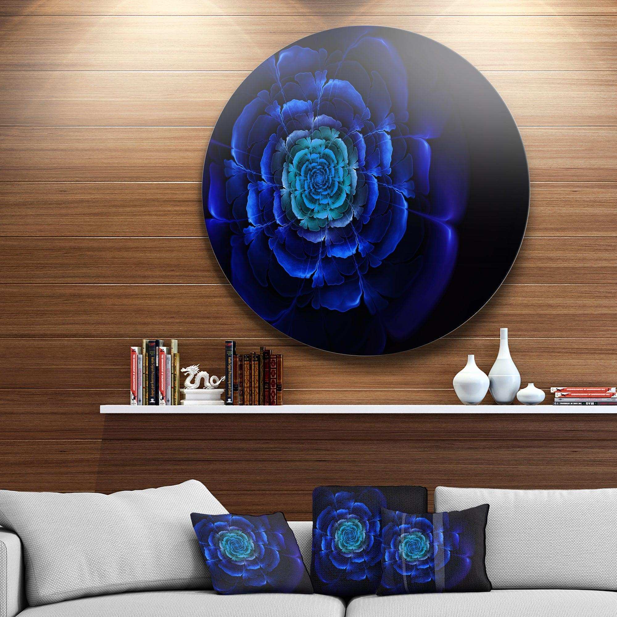 Fractal Silver Blue in Dark - Floral Circle Metal Wall Decor