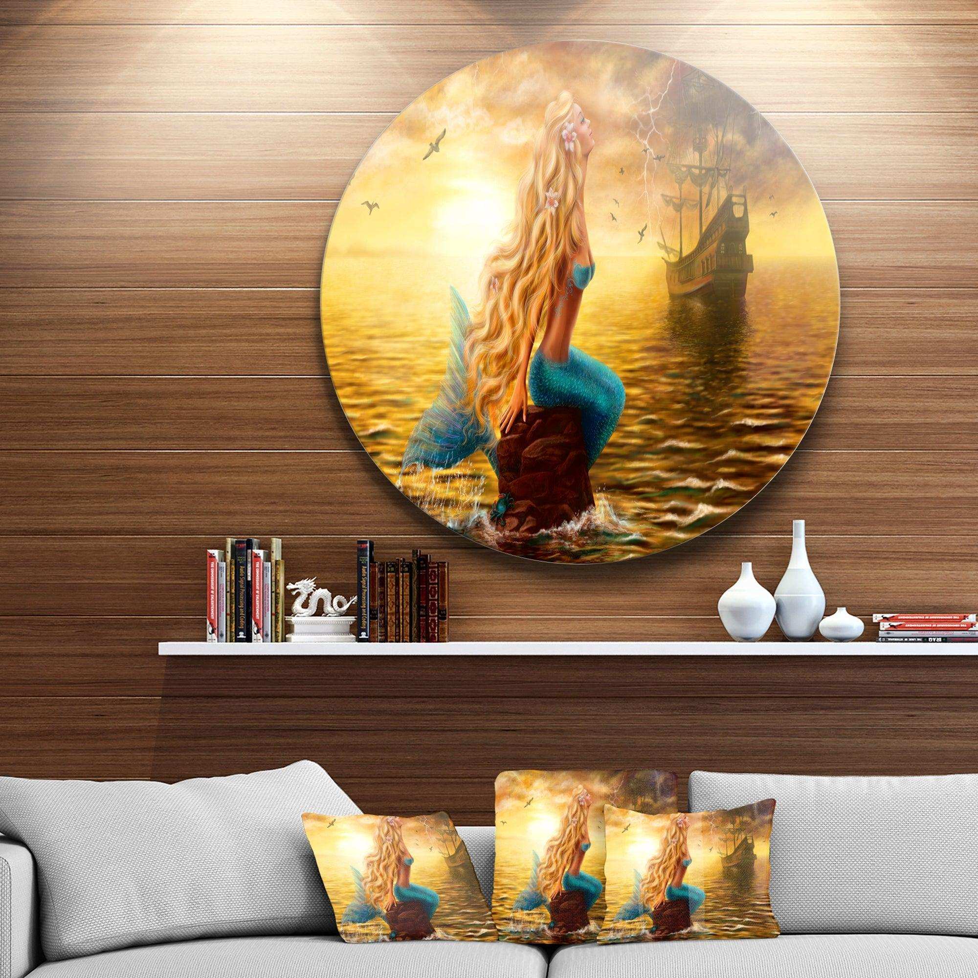 Sea Mermaid with Ghost Ship - Sea & Shore Metal Circle Wall Art