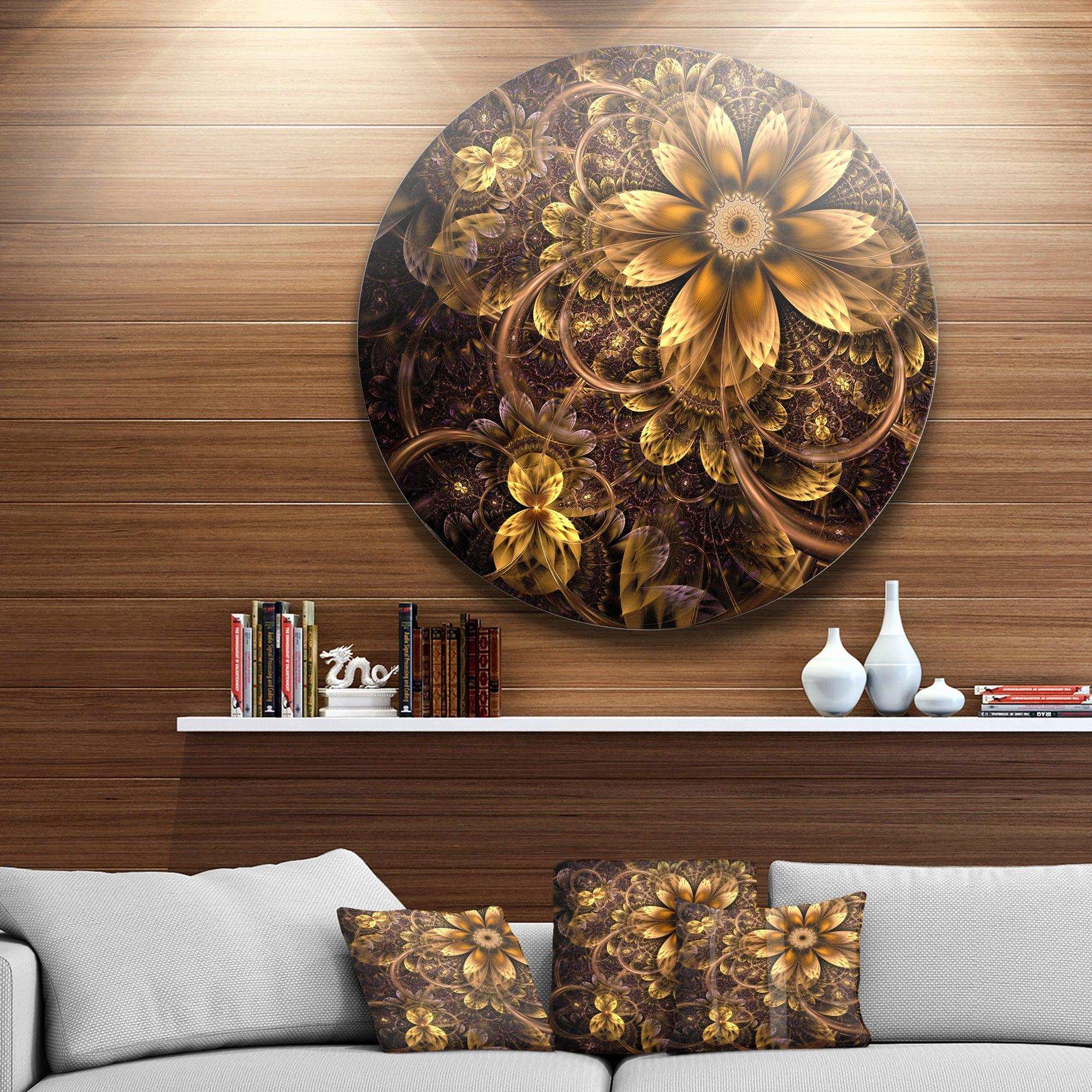 Fractal Dark Yellow Flower - Floral Round Metal Wall Art