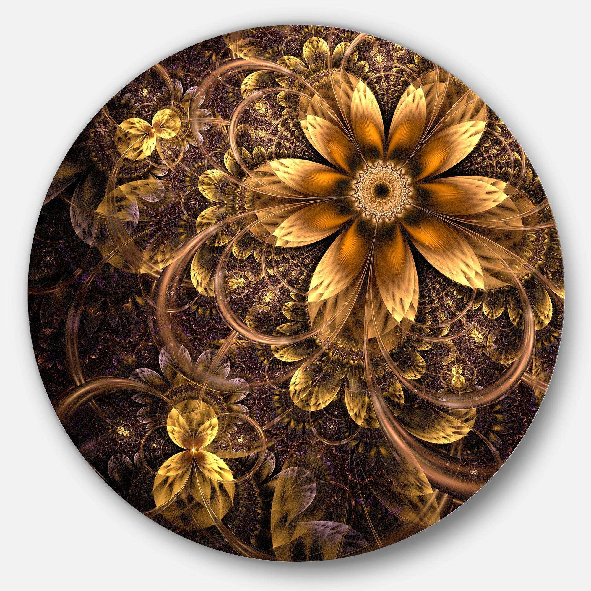 Fractal Dark Yellow Flower - Floral Round Metal Wall Art