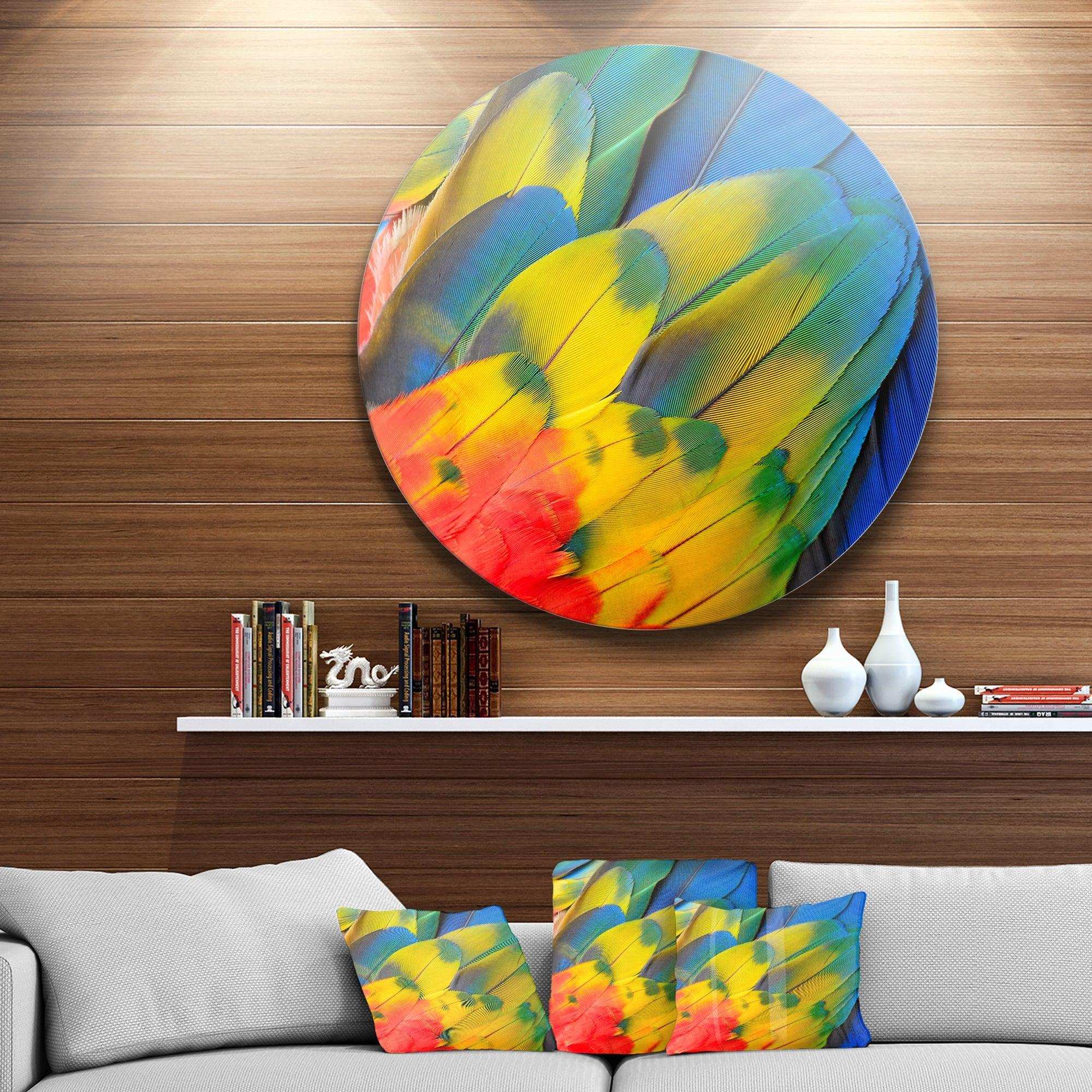 Scarlet Macaw Feathers - Floral Photography Circle Metal Wall Decor