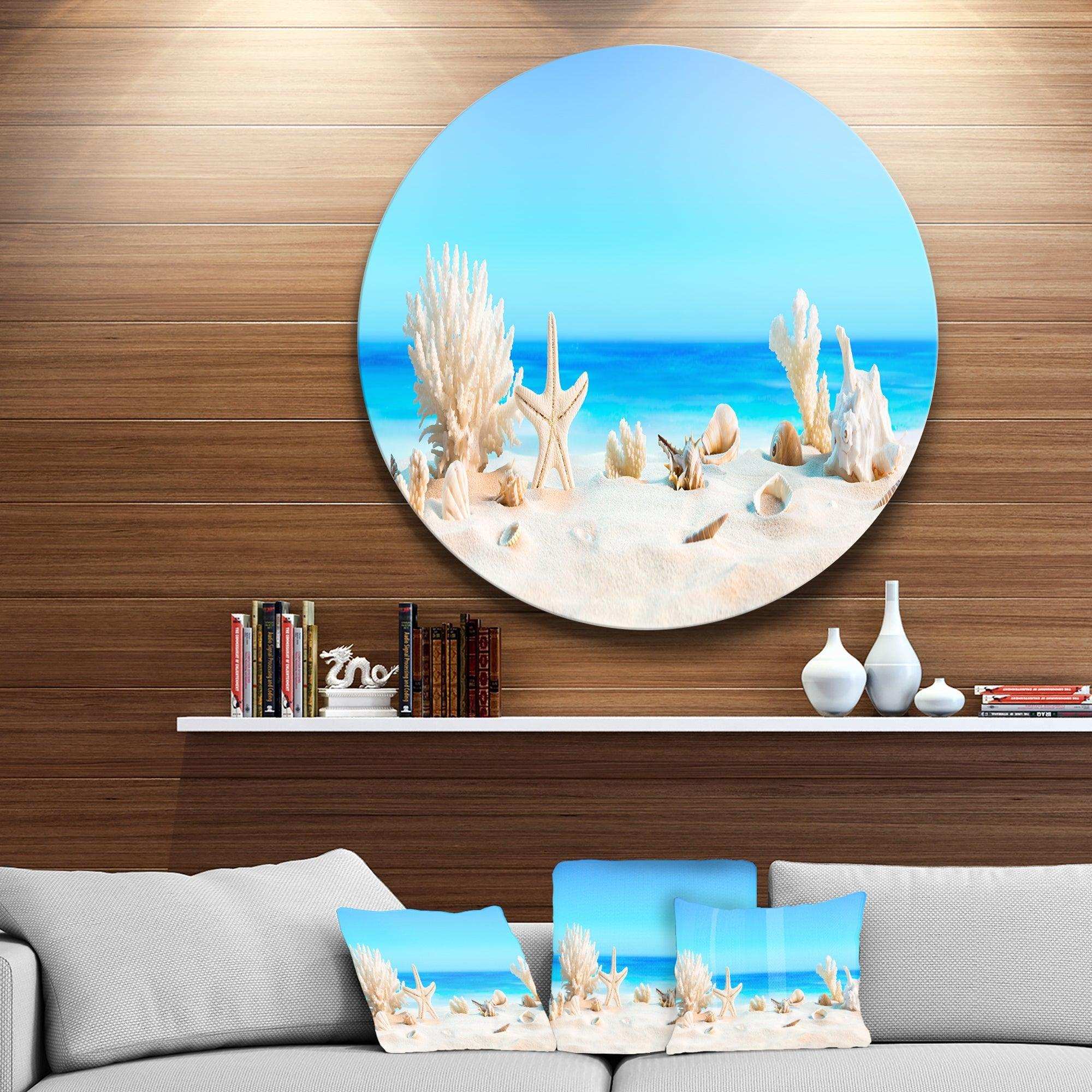 Seashells on Tropical Beach - Sea & Shore Circle Metal Wall Decor