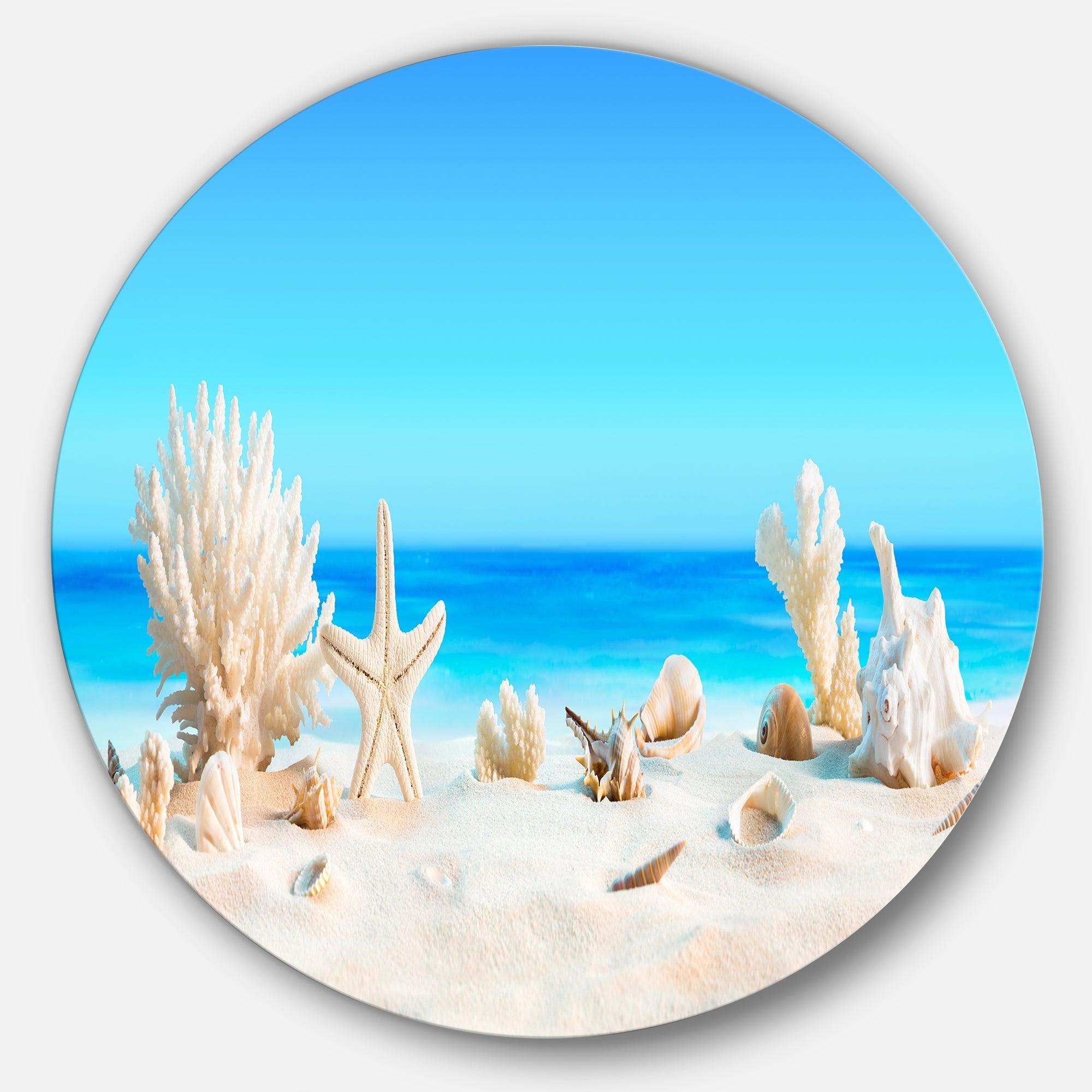 Seashells on Tropical Beach - Sea & Shore Circle Metal Wall Decor