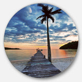Wooden Pier and Palm Tree - Coastal Metal Circle Wall Art