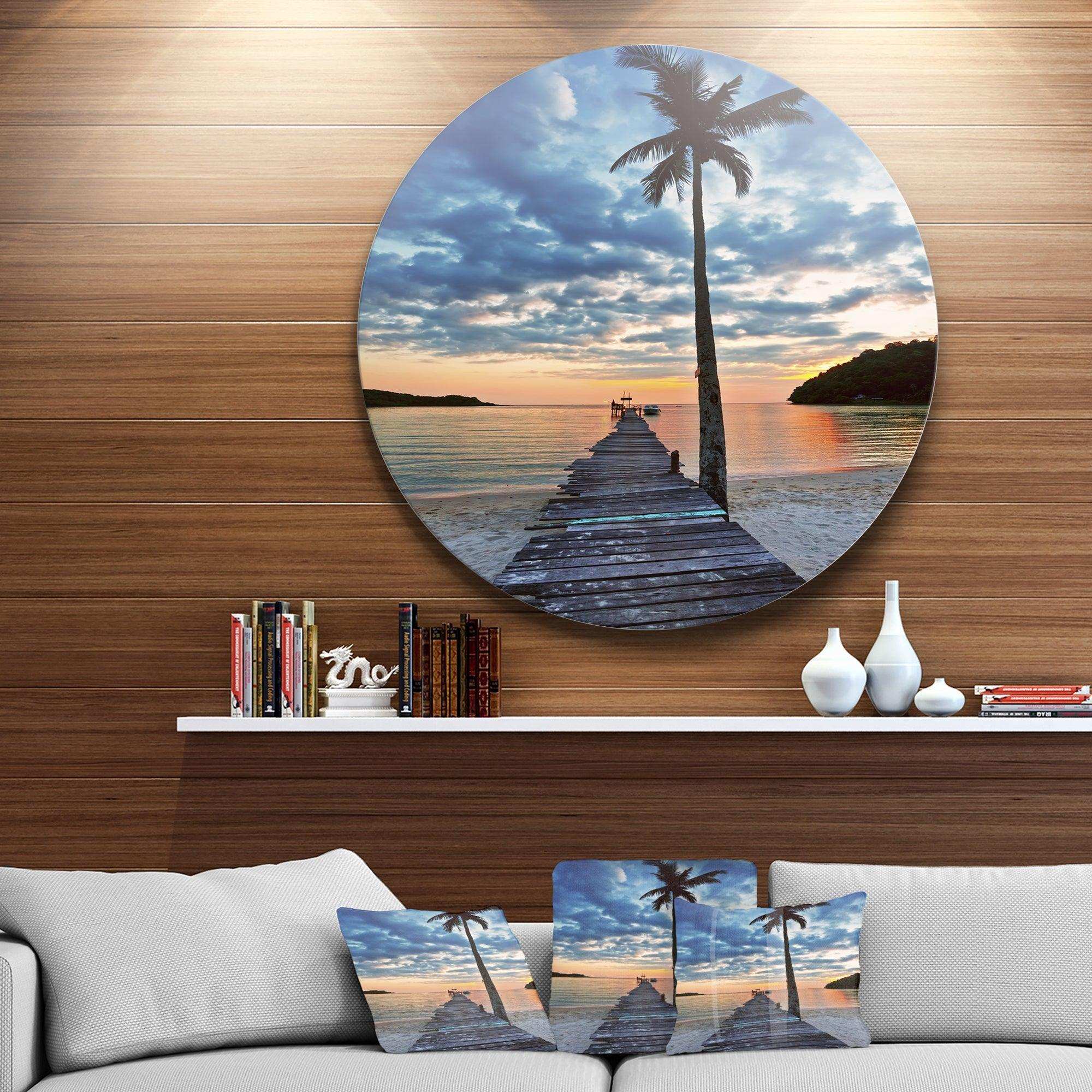 Wooden Pier and Palm Tree - Coastal Metal Circle Wall Art