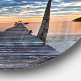 Wooden Pier and Palm Tree - Coastal Metal Circle Wall Art