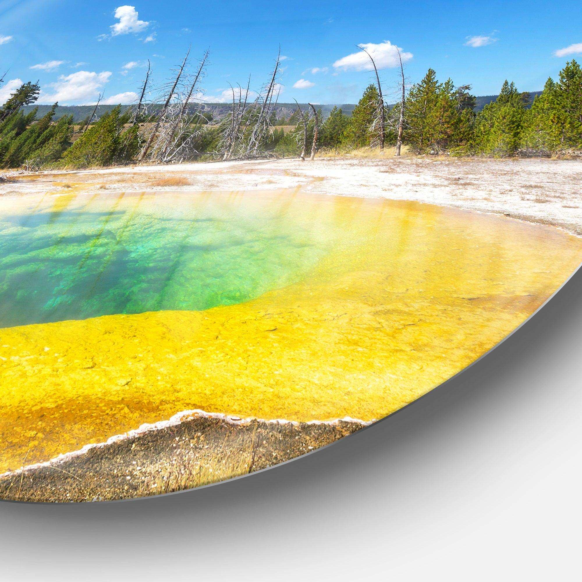 Morning Glory Pool with Bright Sky - Landscape Photography Round Metal Wall Art