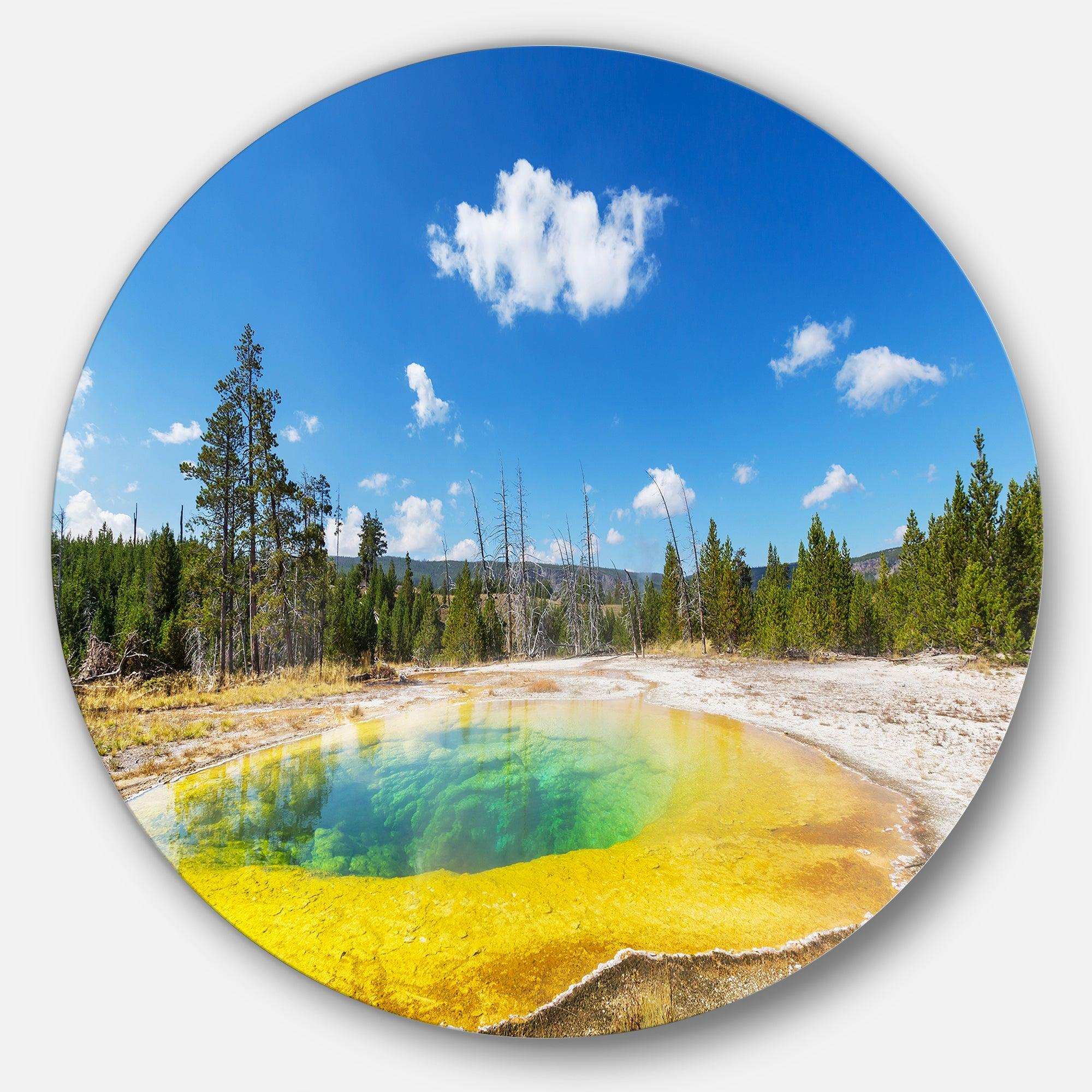 Morning Glory Pool with Bright Sky - Landscape Photography Round Metal Wall Art