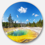 Morning Glory Pool with Bright Sky - Landscape Photography Round Metal Wall Art
