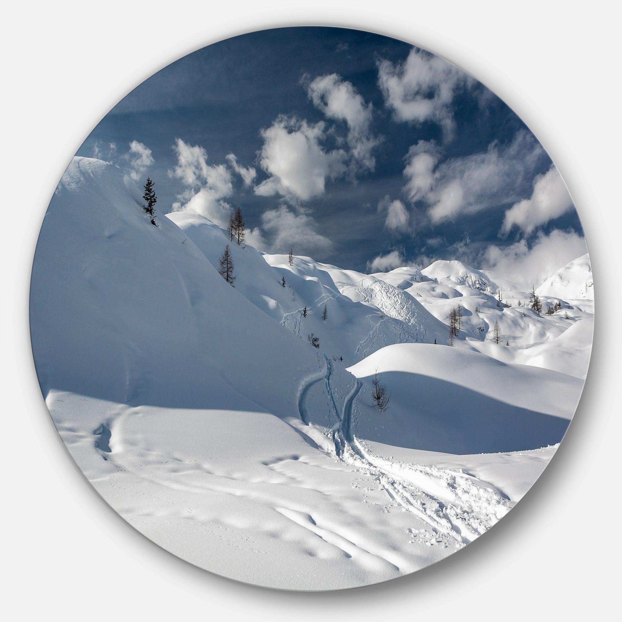 Ski Tracks on a Slope - Landscape Circle Metal Wall Decor