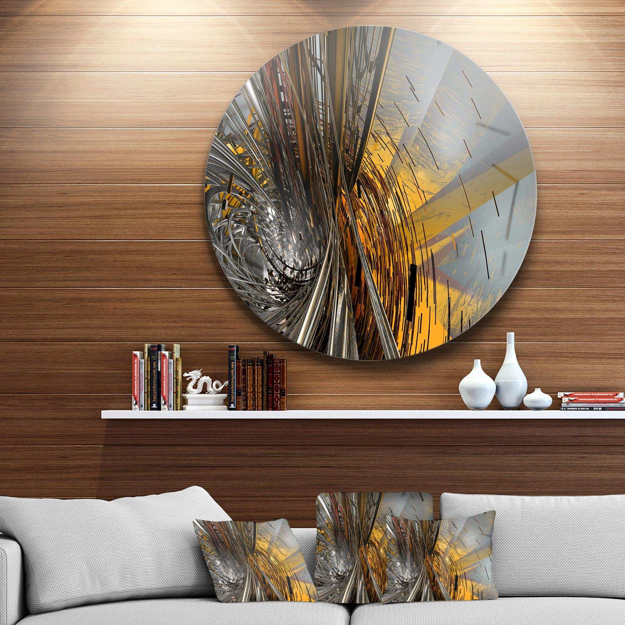 Fractal Yellow Connected Stripes - Abstract Metal Circle Wall Art