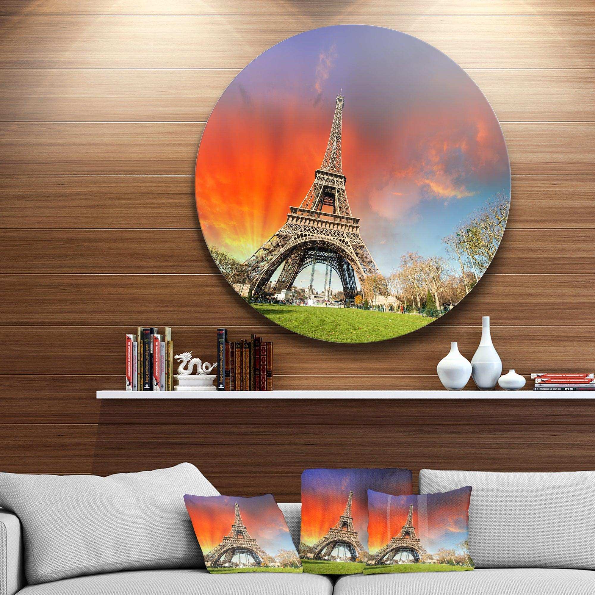 Paris Eiffel TowerUnder Colorful Sky - Architecture Round Metal Wall Art