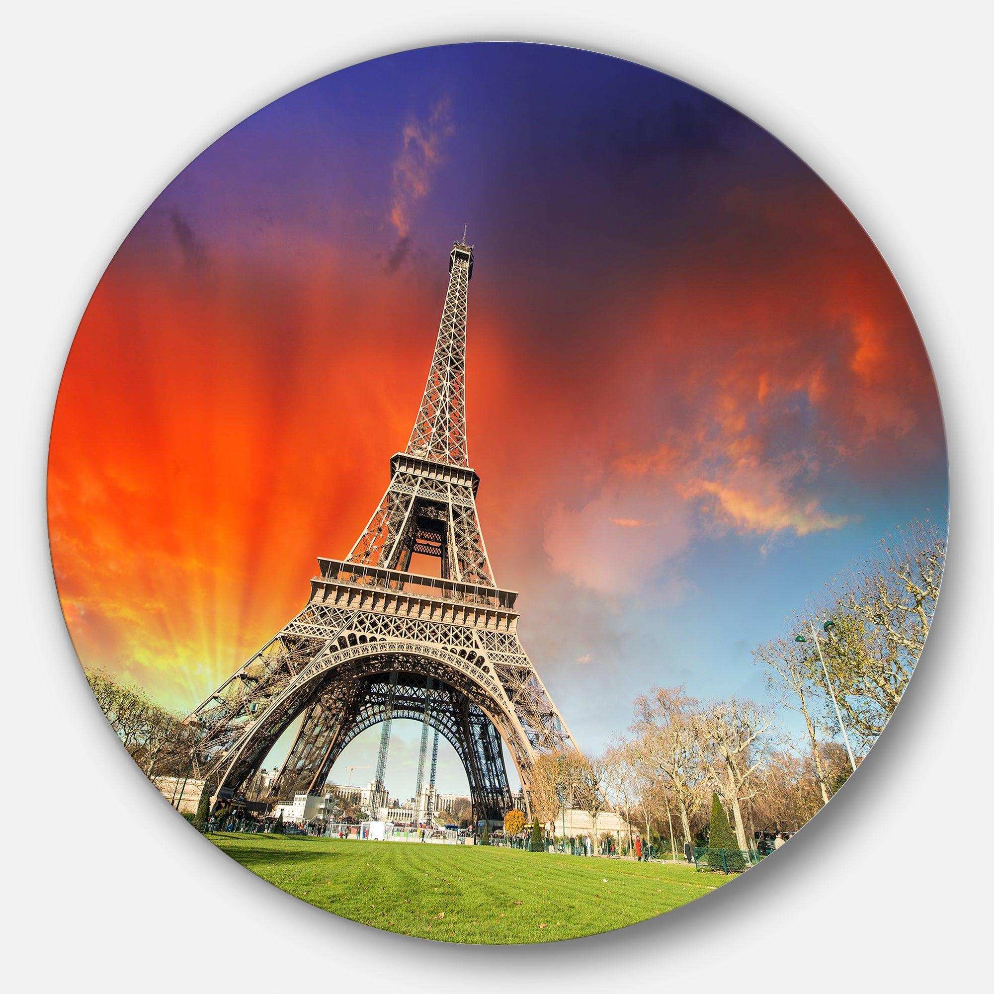 Paris Eiffel TowerUnder Colorful Sky - Architecture Round Metal Wall Art