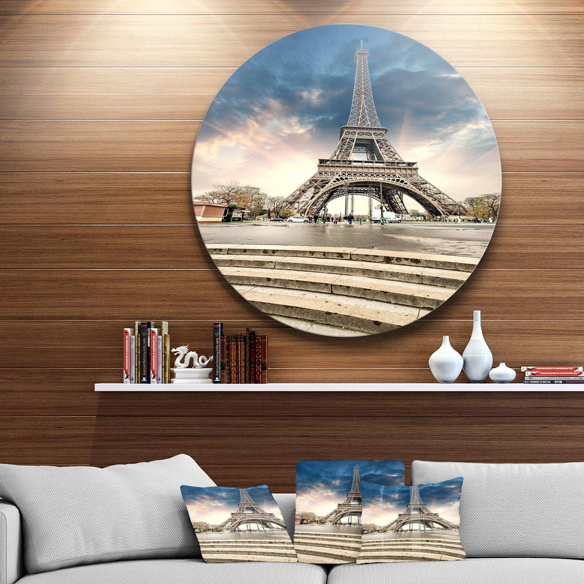 Paris Eiffel Towerwith Stairs - Architecture Round Metal Wall Art