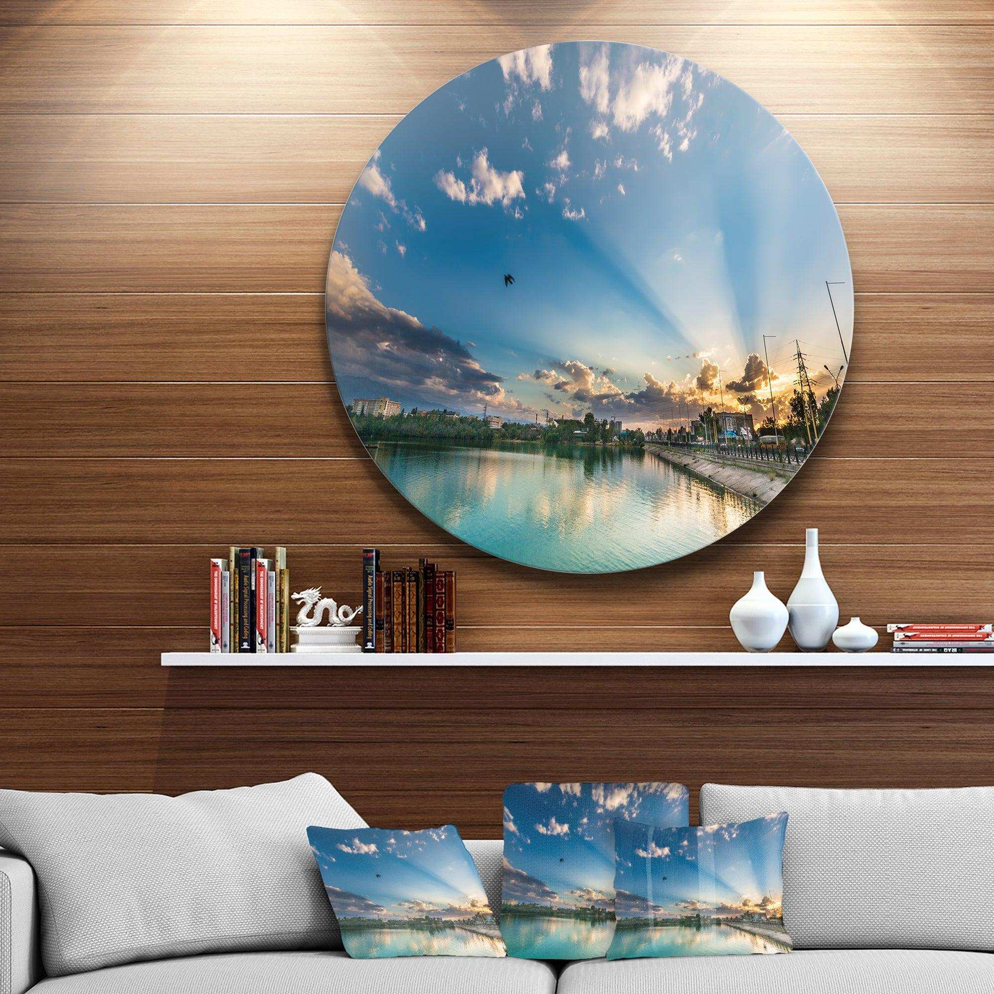 Moving Clouds Over Lake - Landscape Metal Circle Wall Art