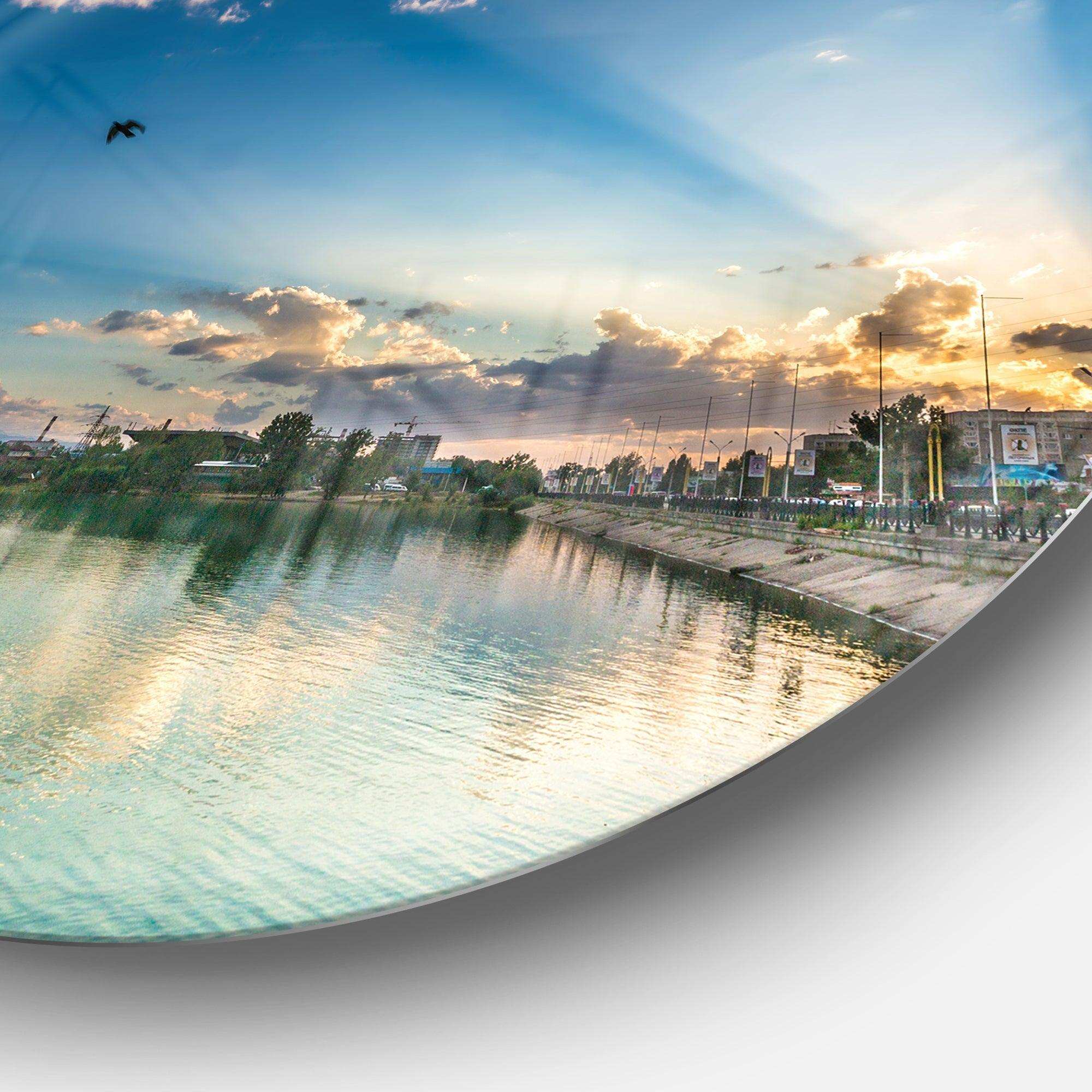 Moving Clouds Over Lake - Landscape Metal Circle Wall Art