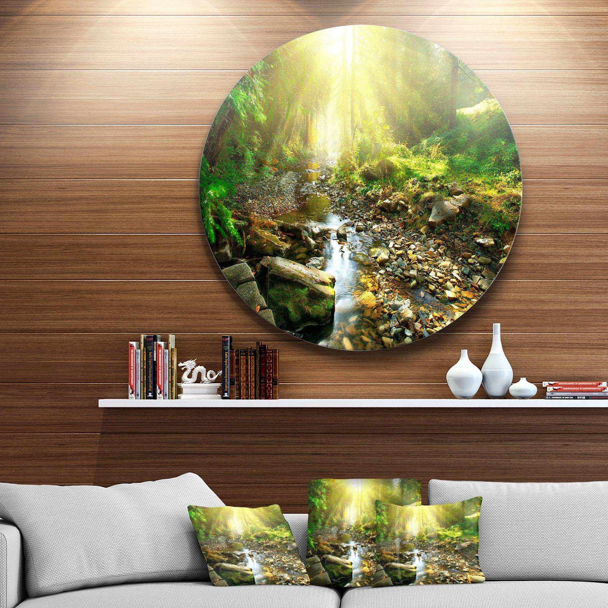 Mountain Stream in Forest - Landscape Photography Round Metal Wall Art