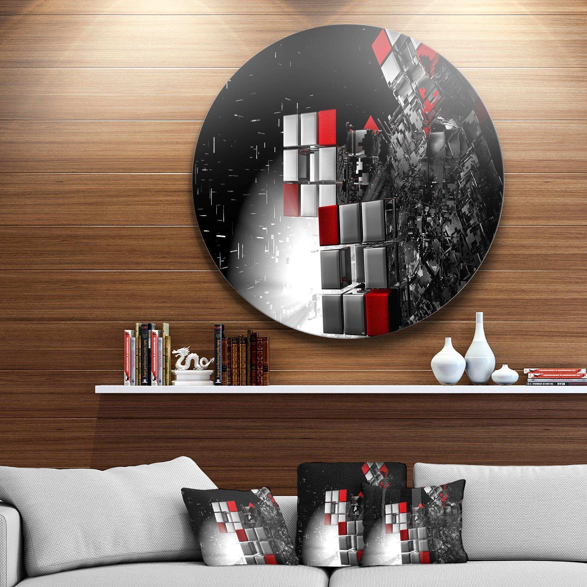 Fractal Red White Cubes - Abstract Circle Metal Wall Decor