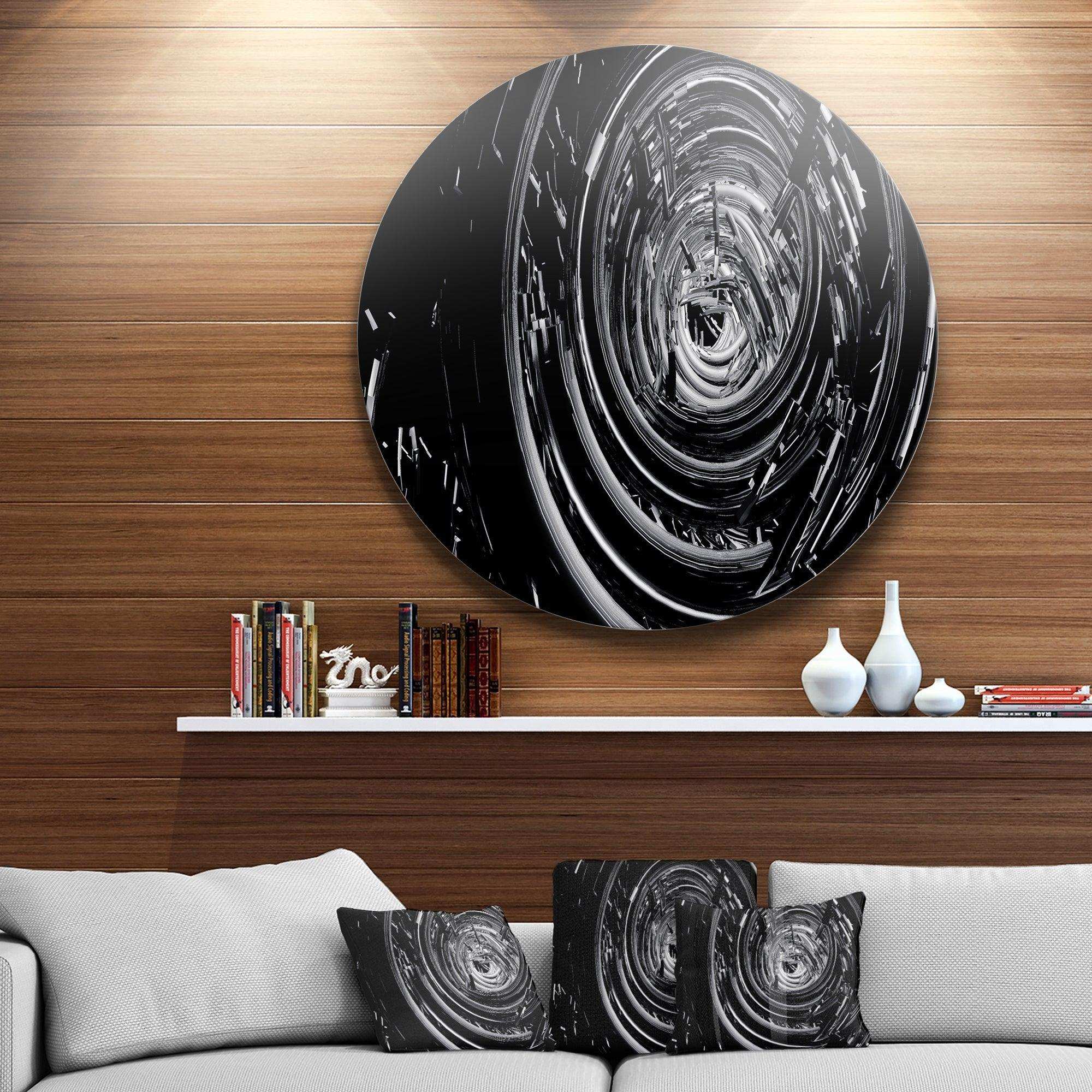 Fractal 3D Black Whirlwind - Abstract Round Metal Wall Art