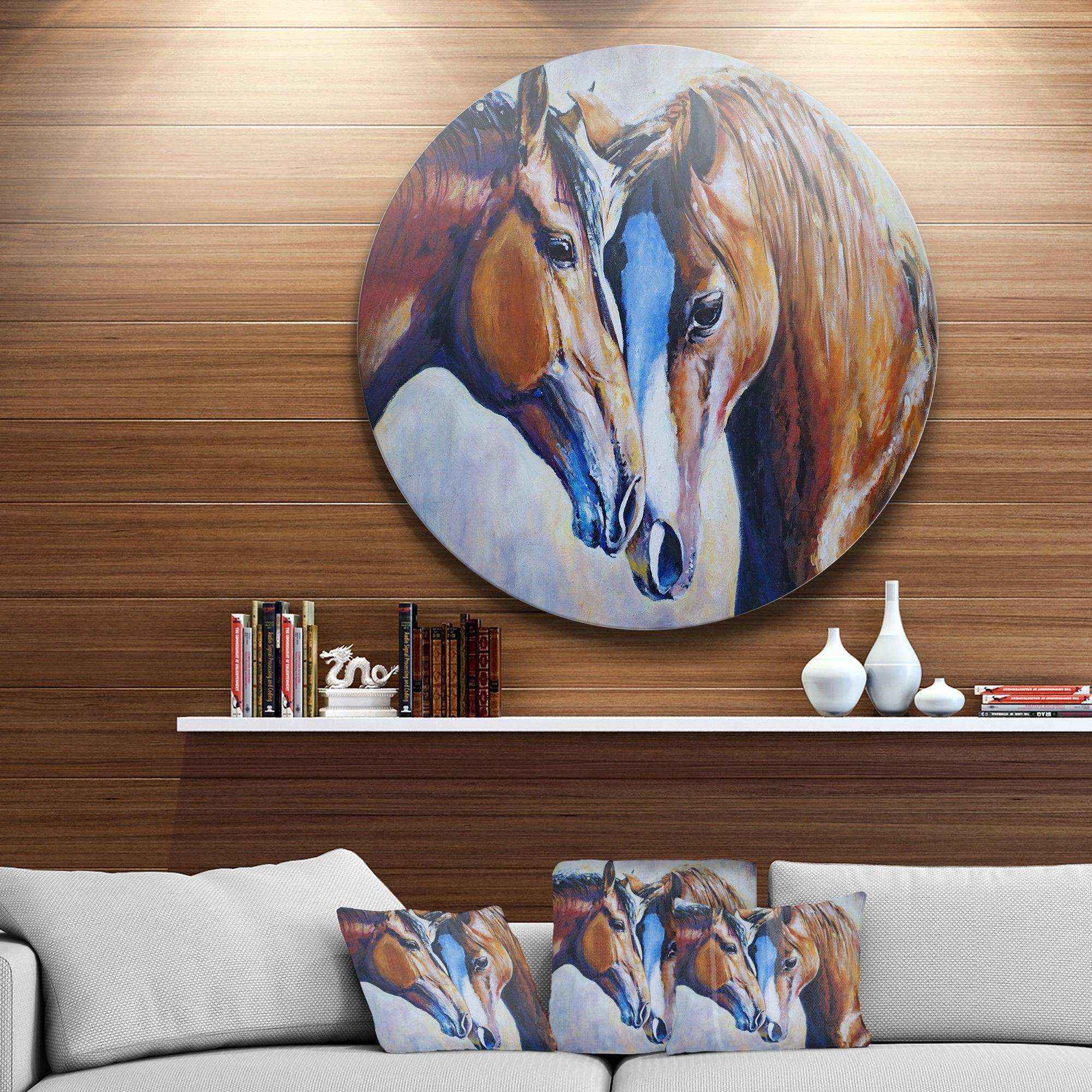 Brown Amorous Horses - Animal Round Metal Wall Art