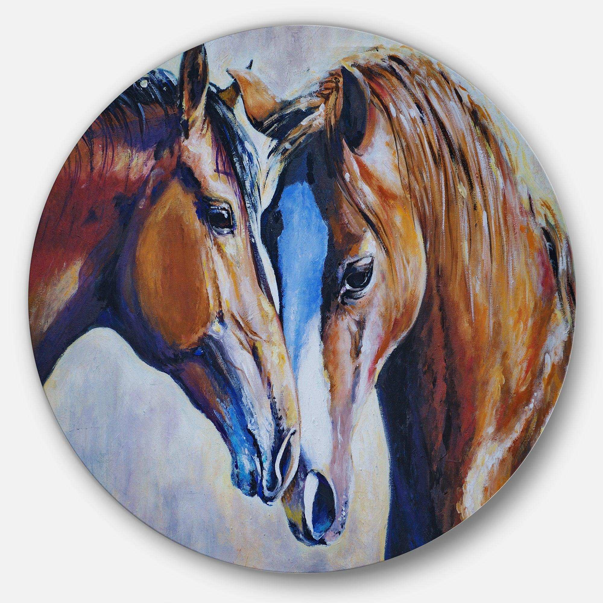 Brown Amorous Horses - Animal Round Metal Wall Art