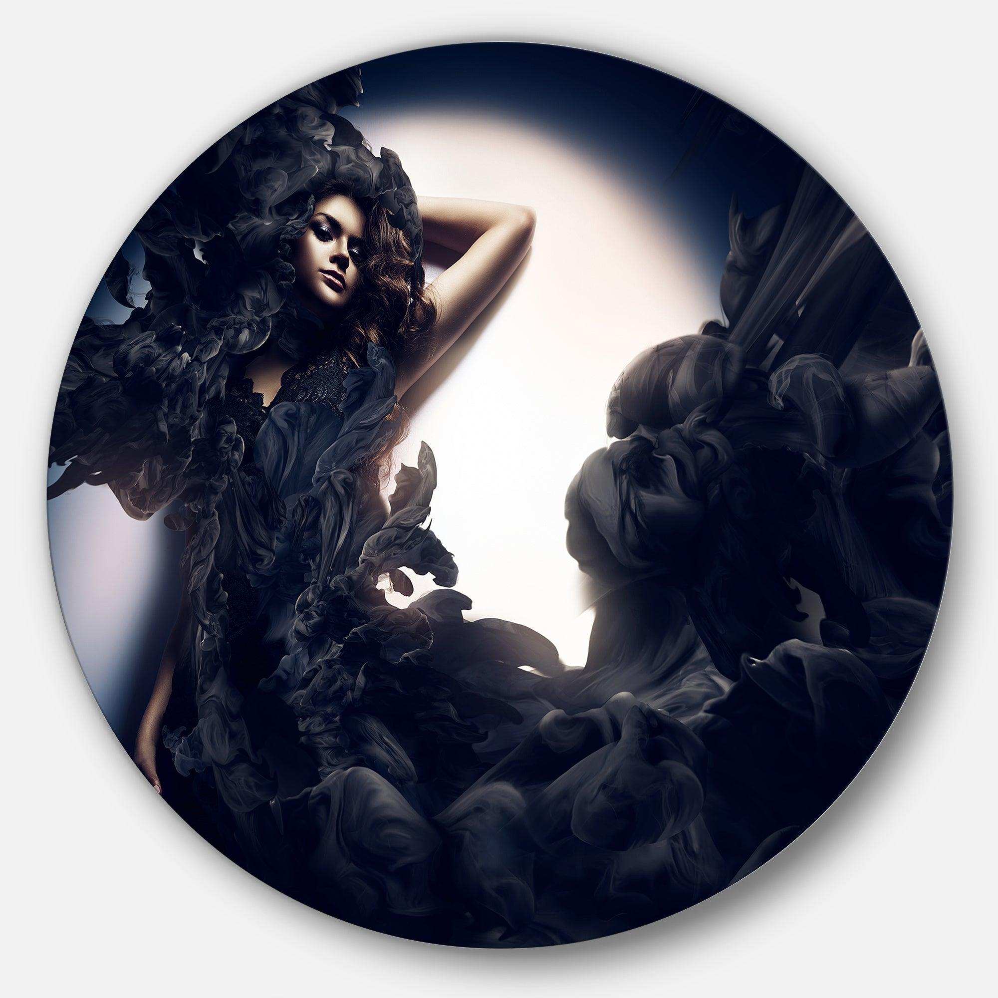 Fashion Woman in Black Smoke - Romantic Metal Circle Wall Art