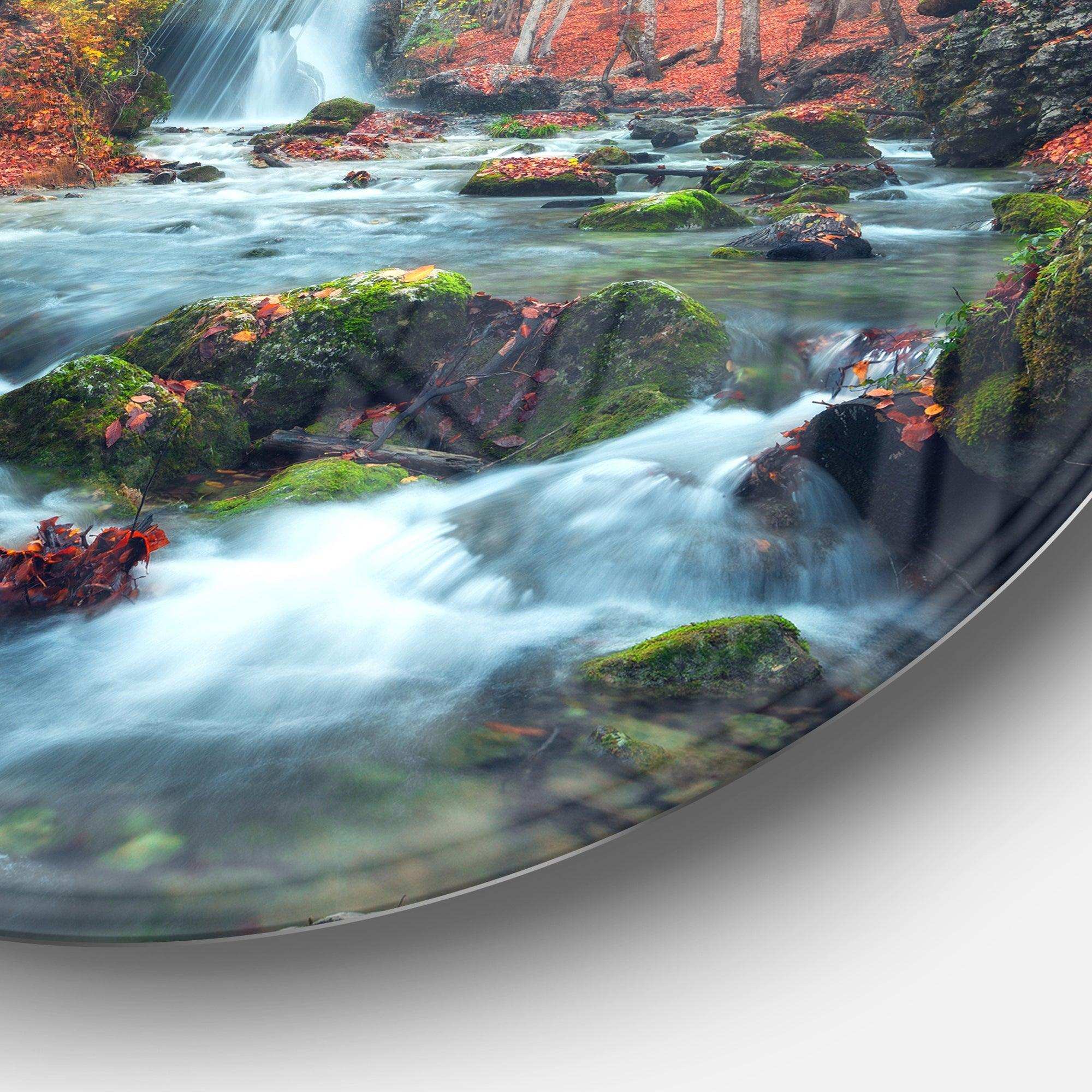 Autumn Mountain Waterfall Long View - Landscape Photography Circle Metal Wall Decor