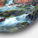 Autumn Mountain Waterfall Long View - Landscape Photography Circle Metal Wall Decor