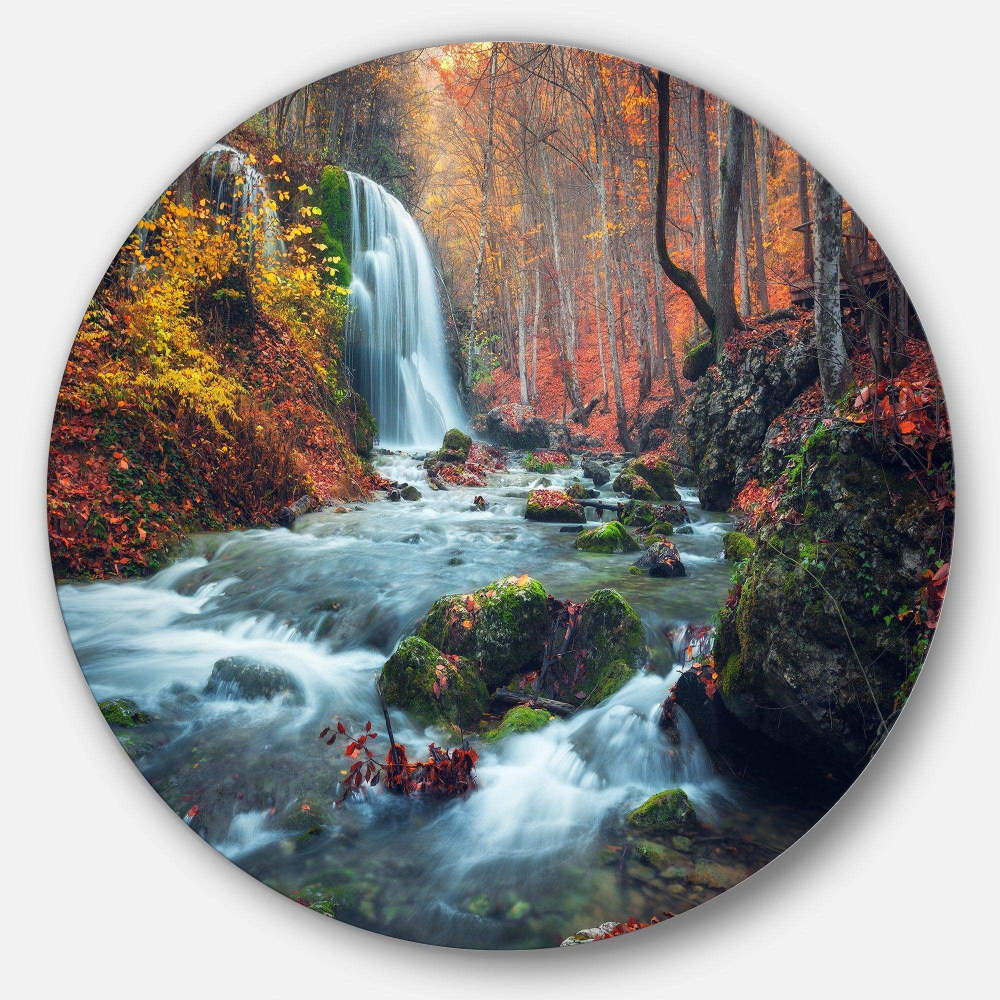 Autumn Mountain Waterfall Long View - Landscape Photography Circle Metal Wall Decor