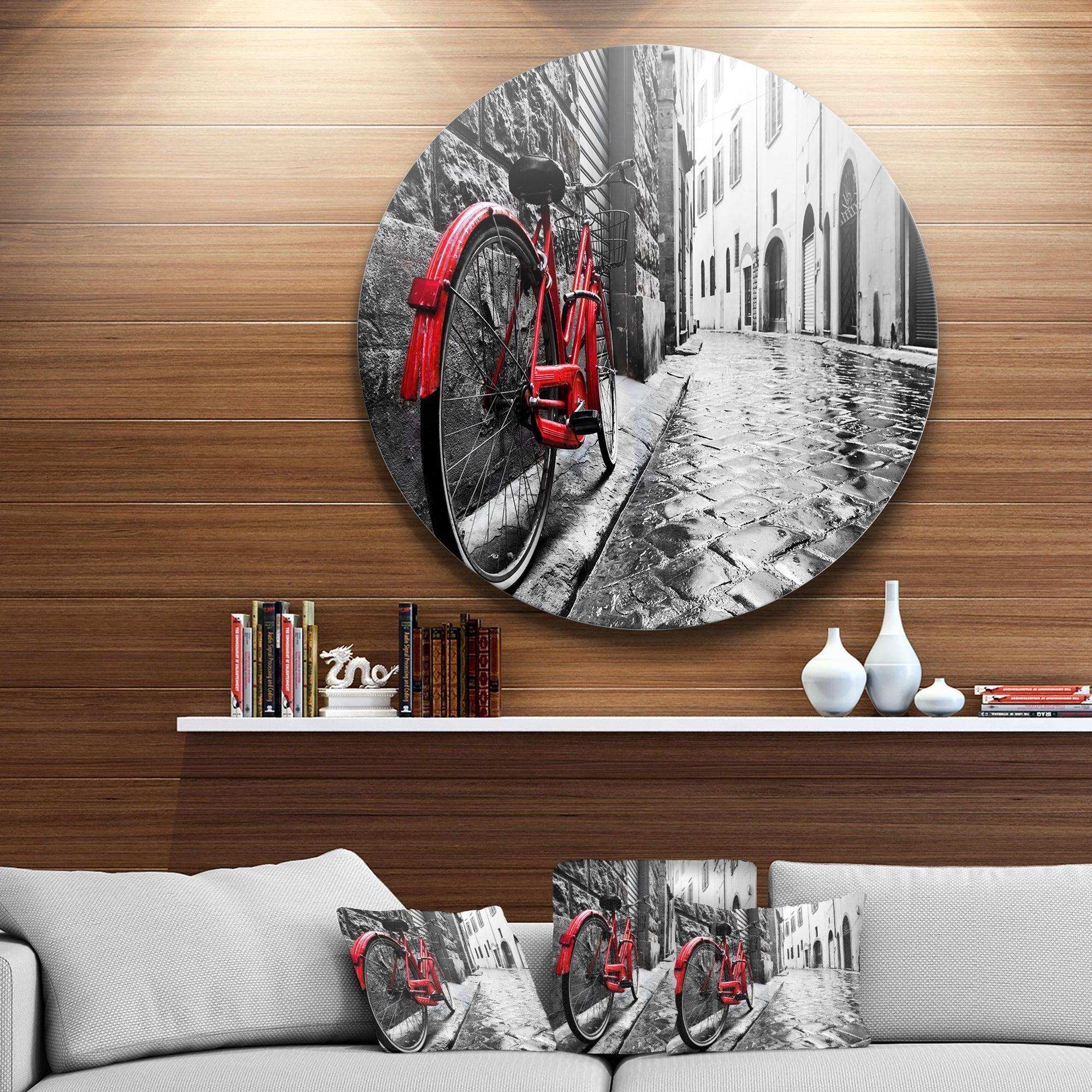 Retro Vintage Red Bike - Architecture Oversized Circle Metal Wall Art