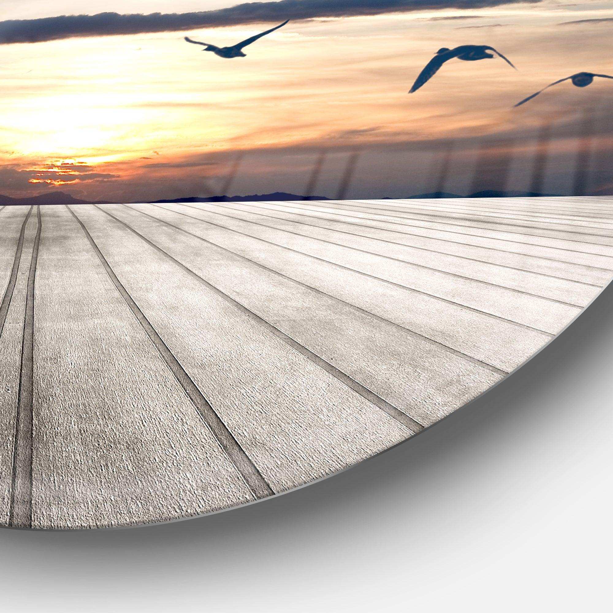 Wooden Floor Sunset - Coastal Metal Circle Wall Art