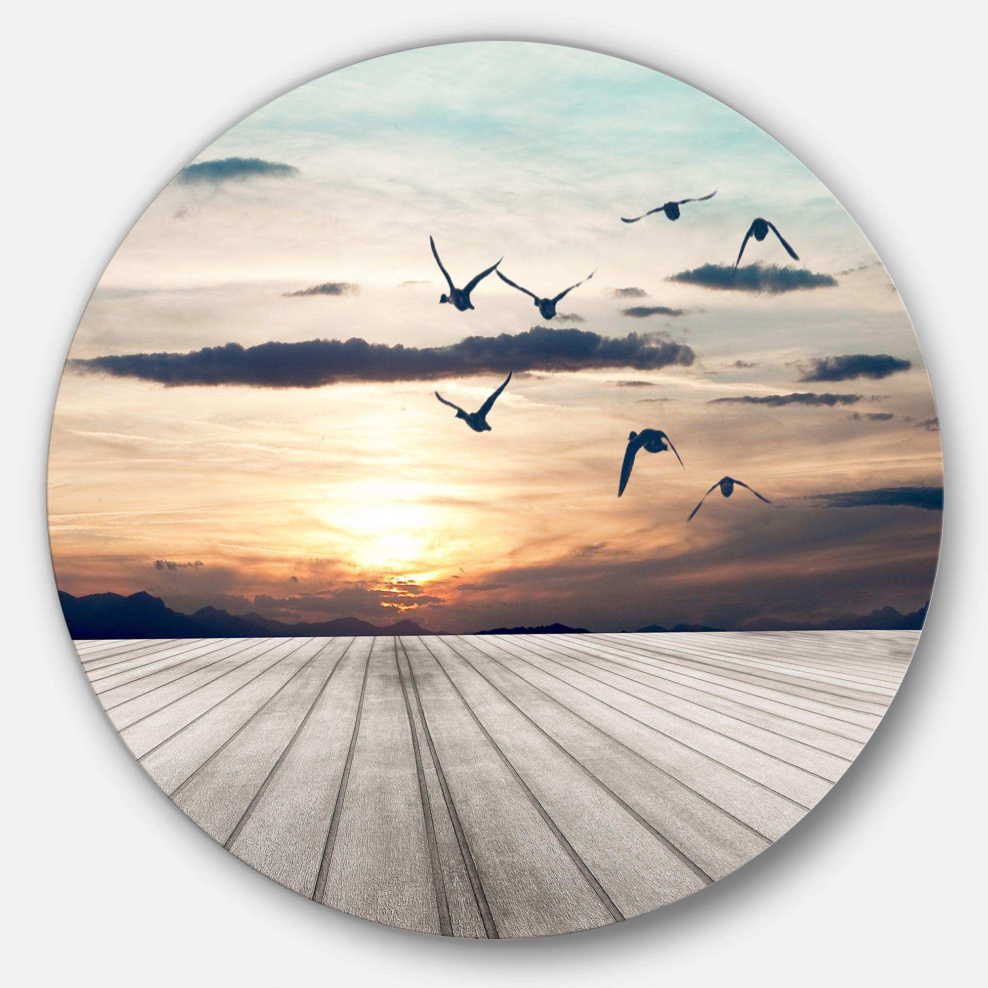 Wooden Floor Sunset - Coastal Metal Circle Wall Art
