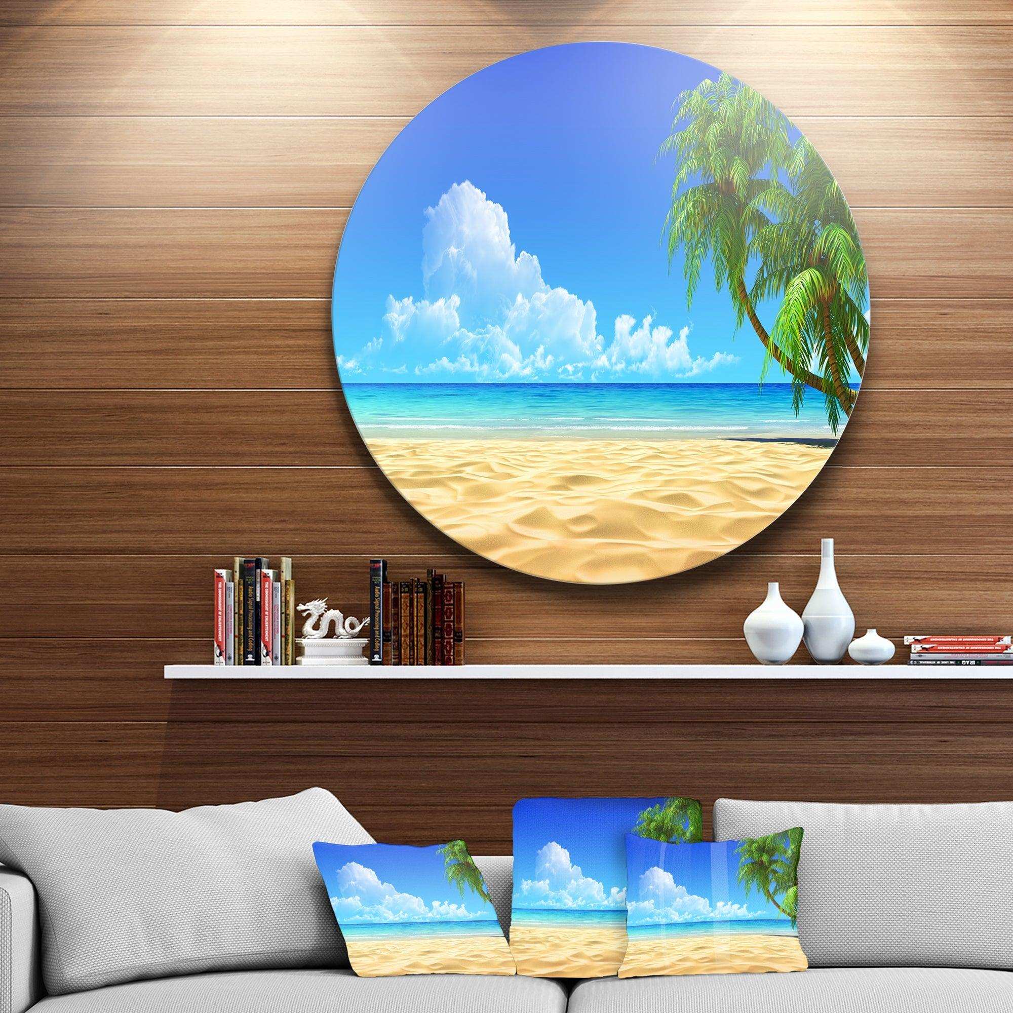 Coconut Palms Bent into Beach - Sea & Shore Round Metal Wall Art