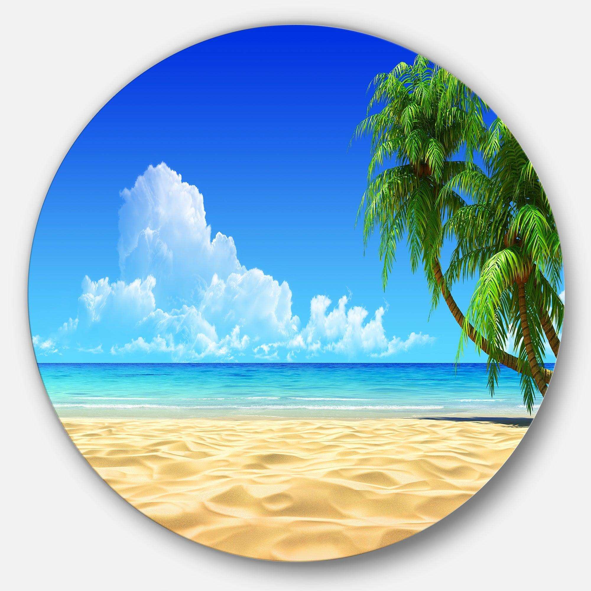Coconut Palms Bent into Beach - Sea & Shore Round Metal Wall Art
